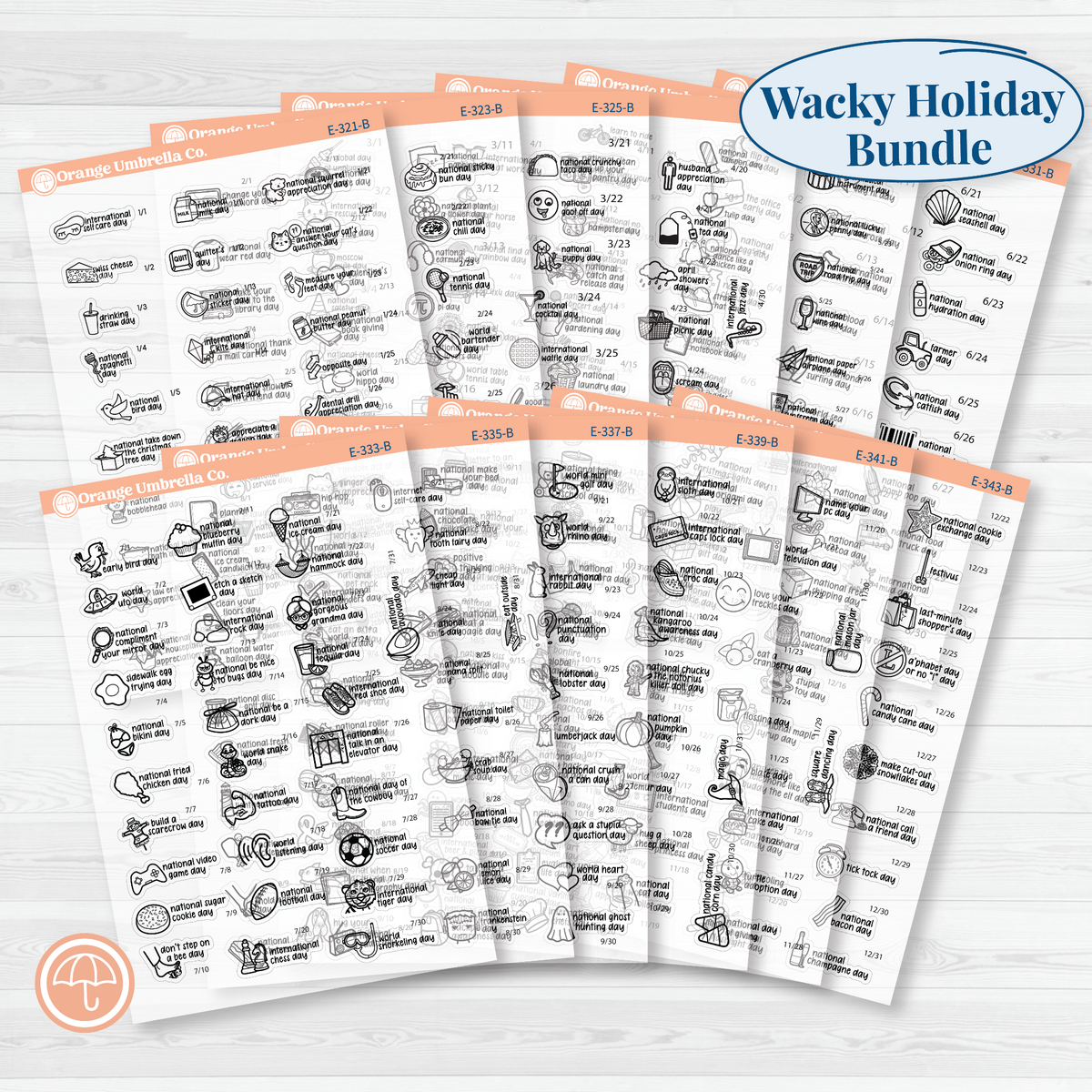 Full-year F17 mini wacky holiday sticker bundle showing 12 monthly sheets from January through December in black outline on clear matte paper.