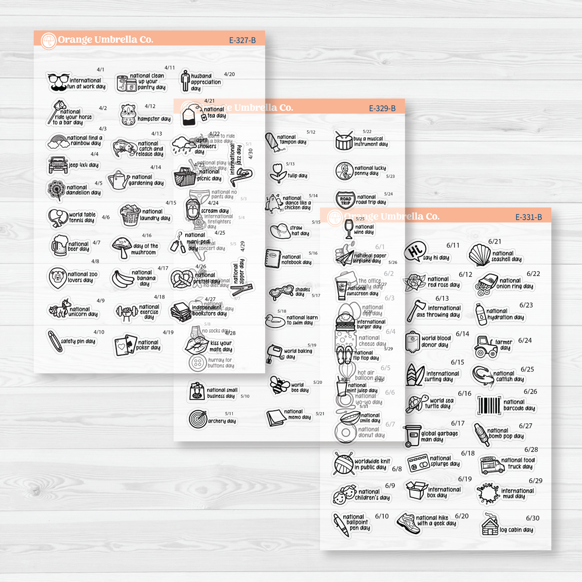 April through June sticker sheets from the F17 mini Wacky Holidays bundle, black outline on clear matte paper.