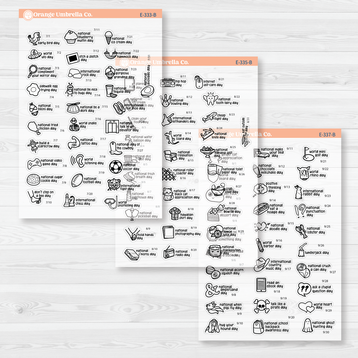 July through September sticker sheets from the F17 mini Wacky Holidays bundle, black outline on clear matte paper.