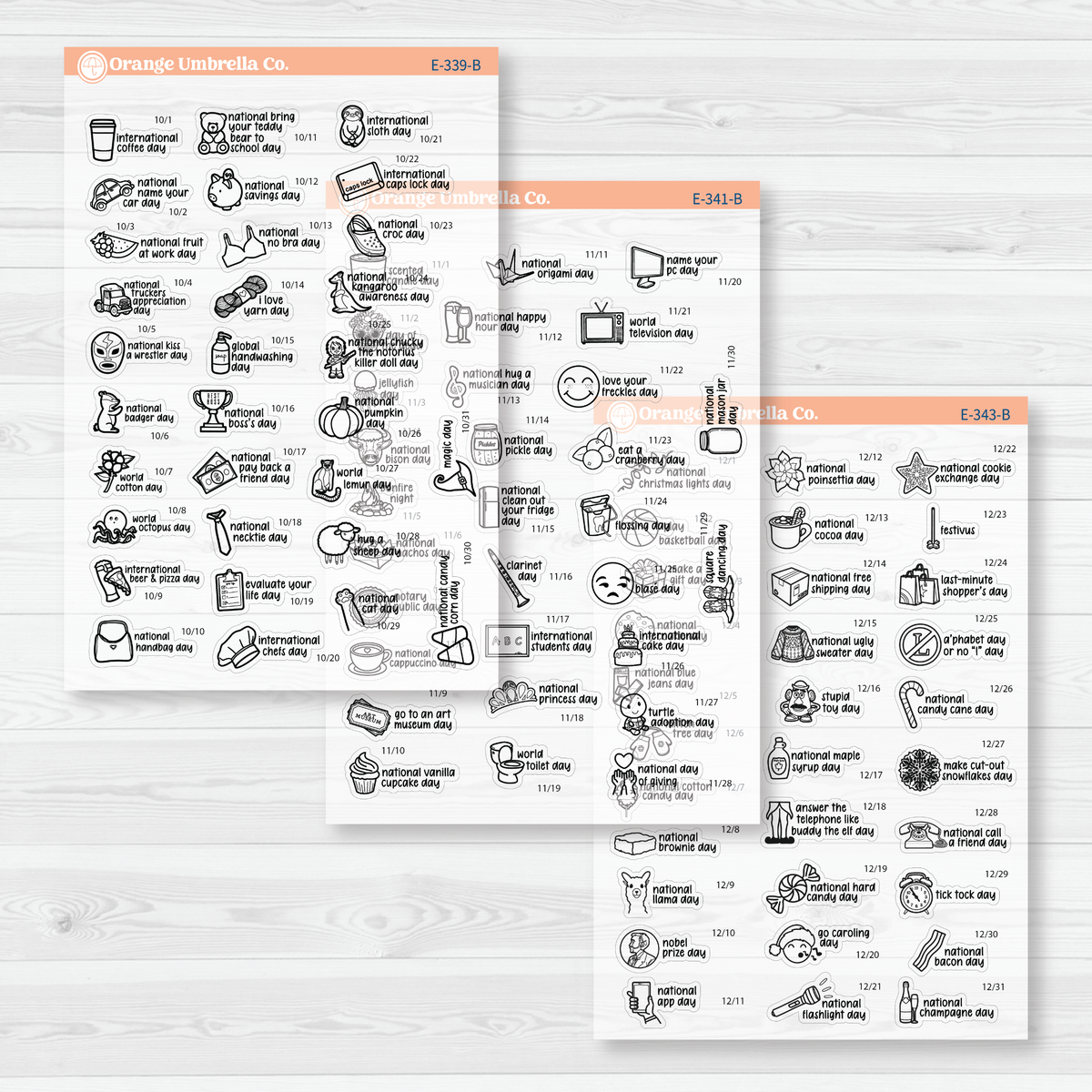 October through December sticker sheets from the F17 mini Wacky Holidays bundle, black outline on clear matte paper.