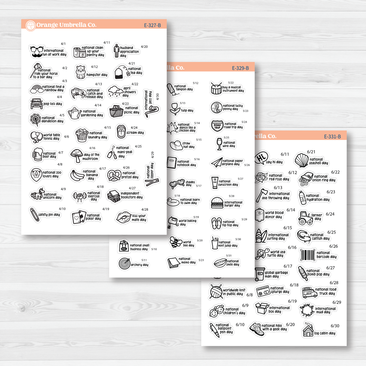April through June sticker sheets from the F17 mini Wacky Holidays bundle, black outline on removable white matte paper.