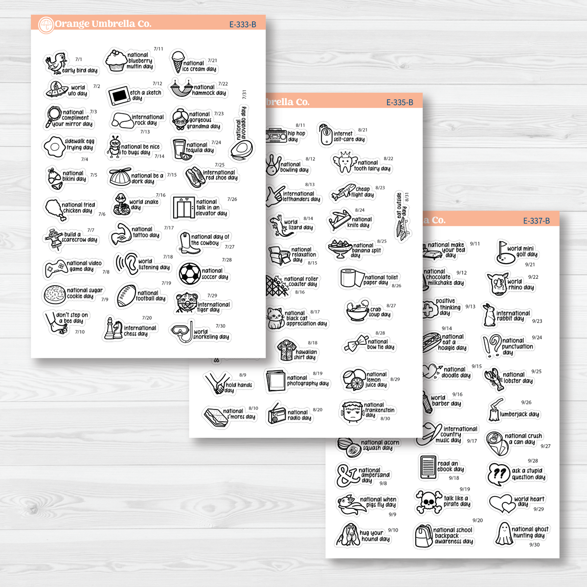 July through September sticker sheets from the F17 mini Wacky Holidays bundle, black outline on removable white matte paper.