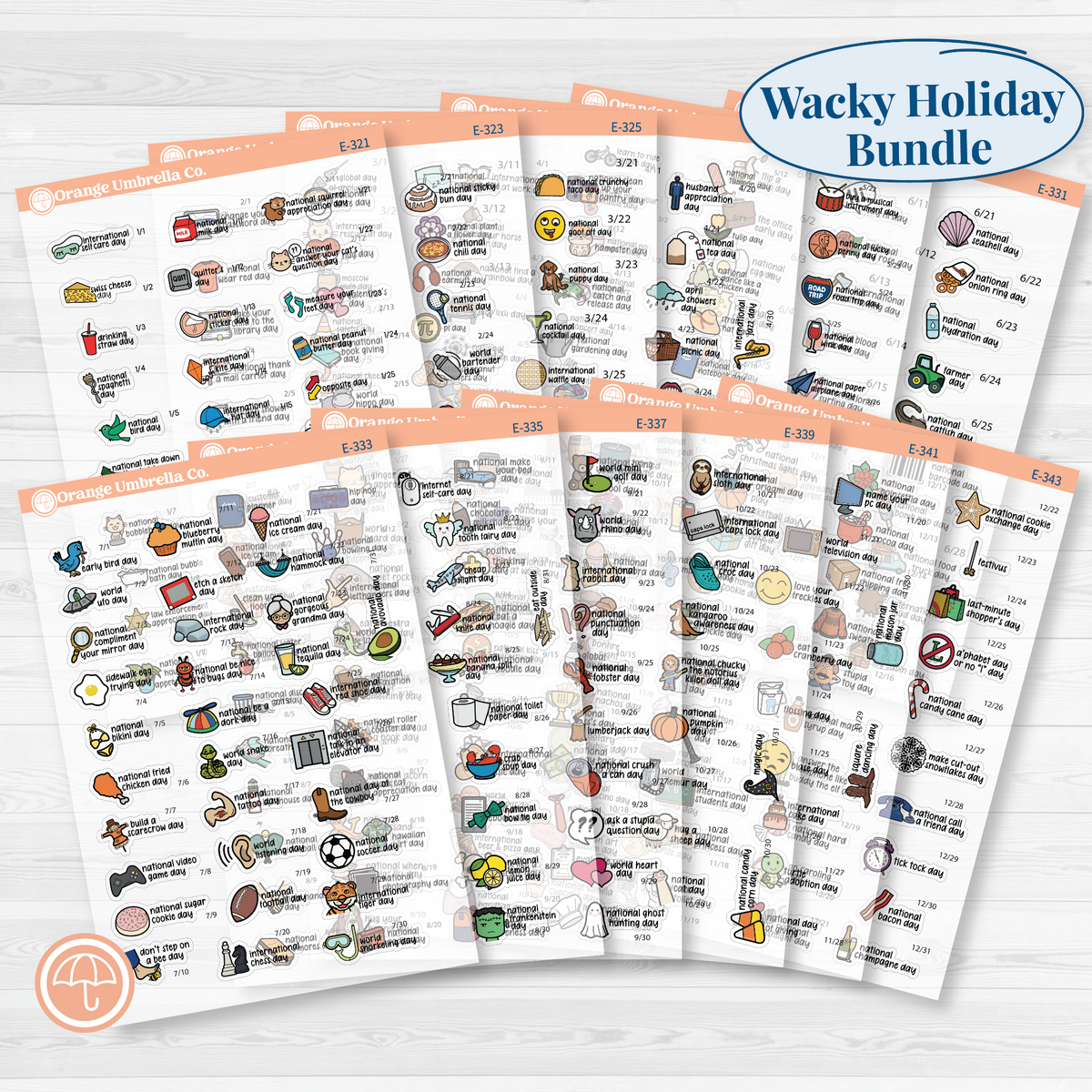 Full-year F17 mini wacky holiday sticker bundle showing 12 monthly sheets from January through December in color on clear matte paper.