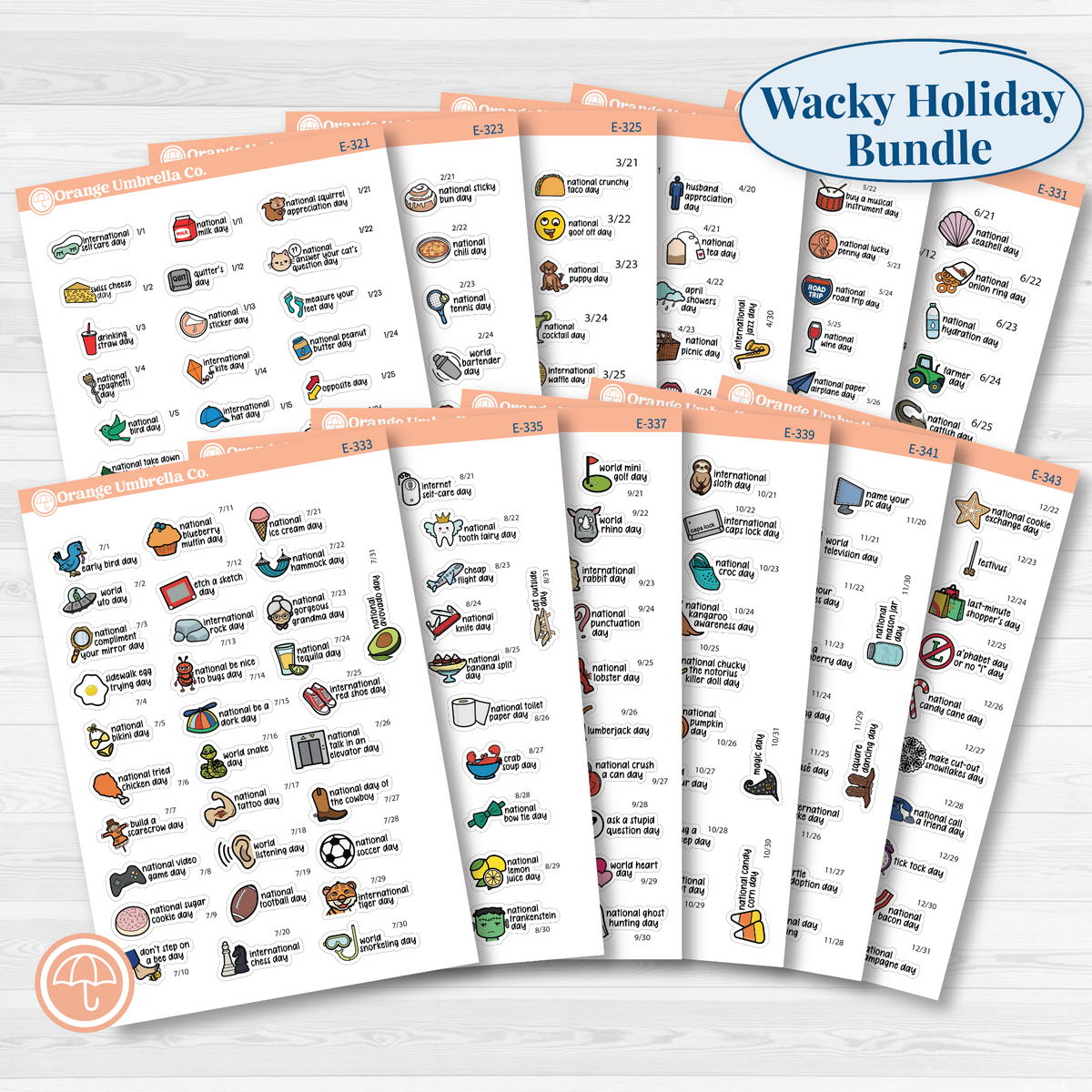 Full-year F17 mini wacky holiday sticker bundle showing 12 monthly sheets from January through December in color on removable white matte paper.