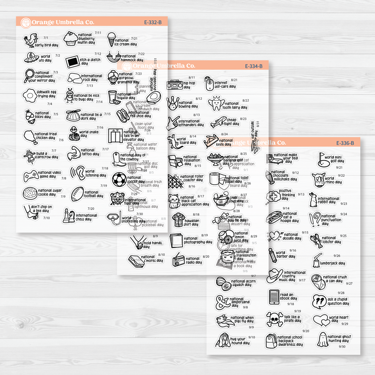 July through September sticker sheets from the F17 regular Wacky Holidays bundle, black outline on clear matte paper.