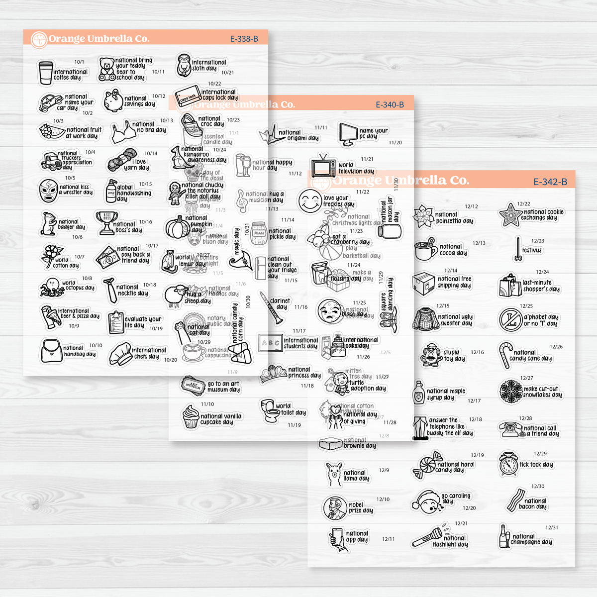 October through December sticker sheets from the F17 regular Wacky Holidays bundle, black outline on clear matte paper.