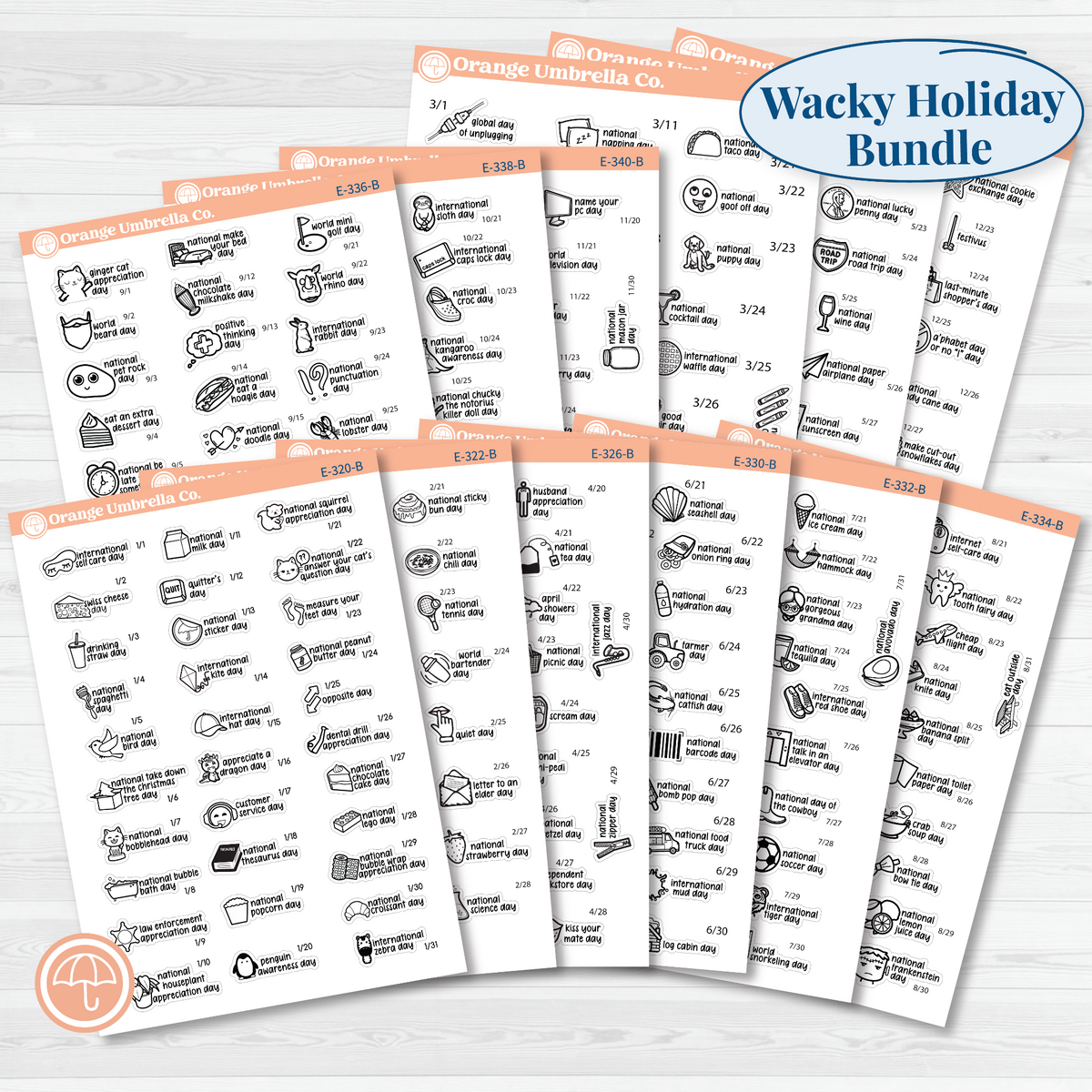 Full-year F17 regular wacky holiday sticker bundle showing 12 monthly sheets from January through December in black outline on removable white matte paper.