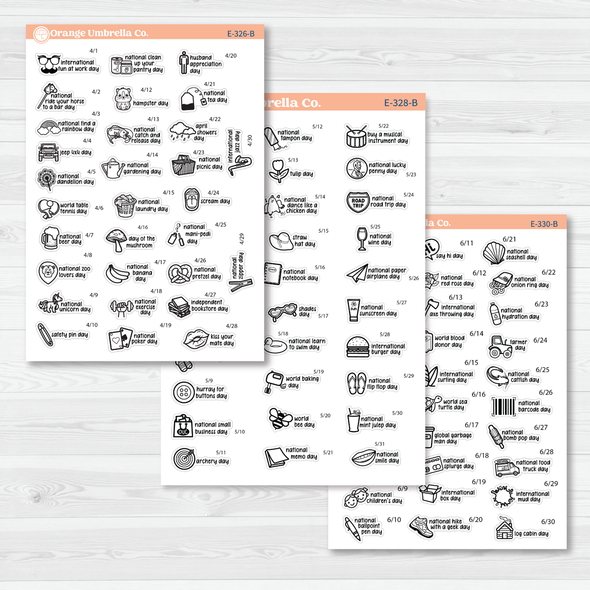 April through June sticker sheets from the F17 regular Wacky Holidays bundle, black outline on removable white matte paper.
