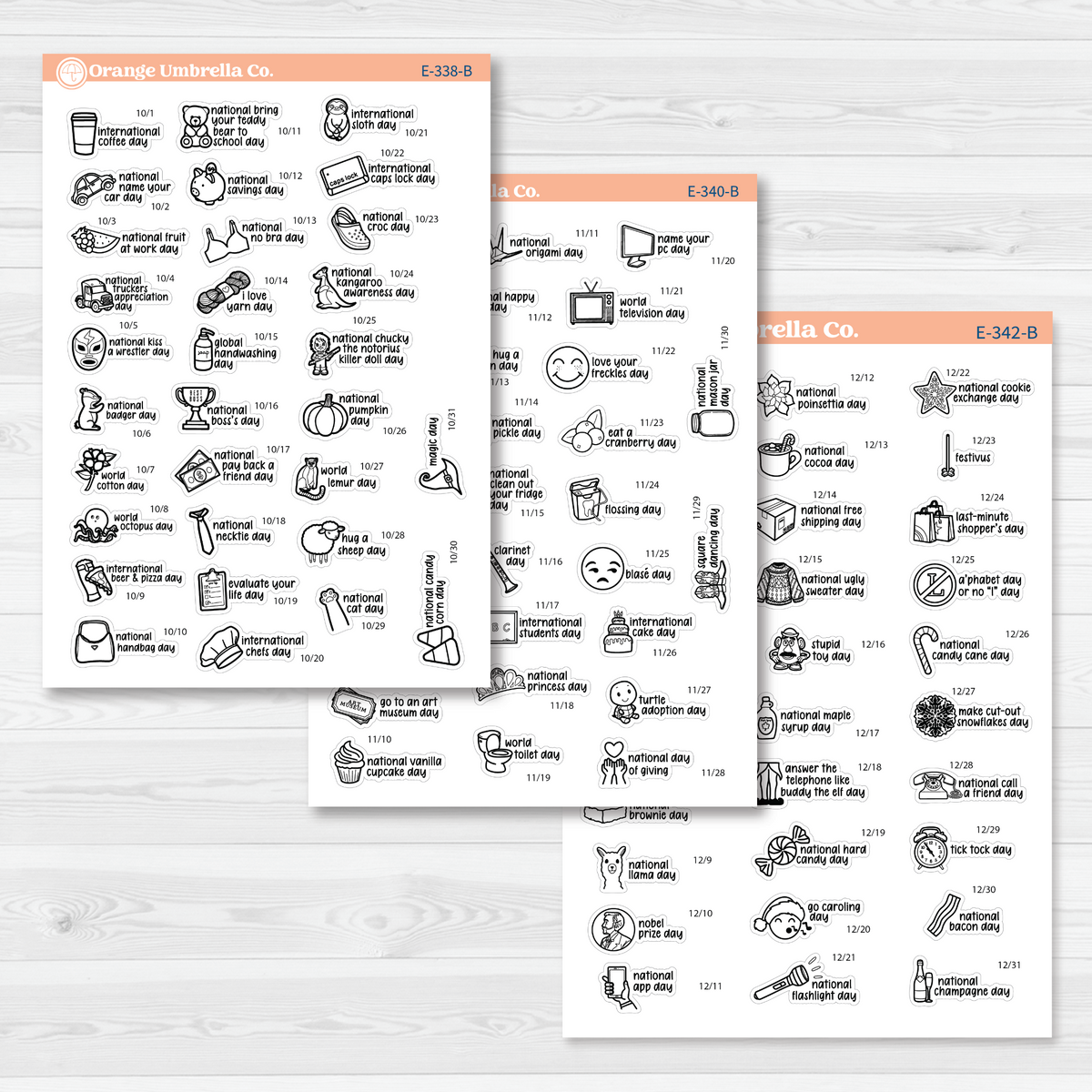 October through December sticker sheets from the F17 regular Wacky Holidays bundle, black outline on removable white matte paper.