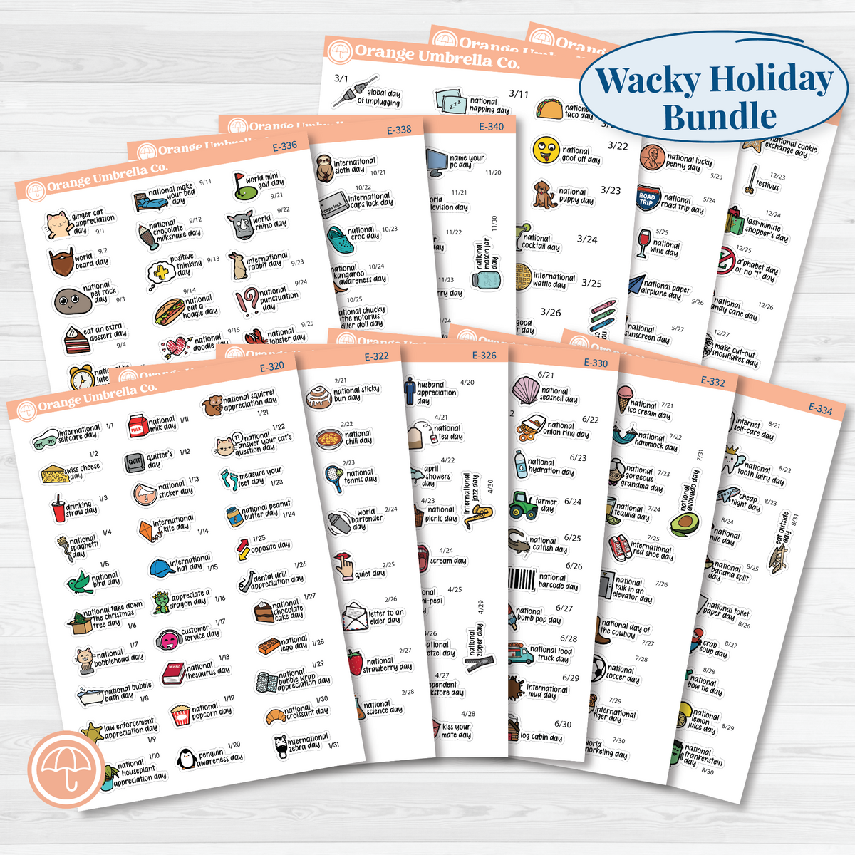 Full-year F17 regular wacky holiday sticker bundle showing 12 monthly sheets from January through December in color on removable white matte paper.