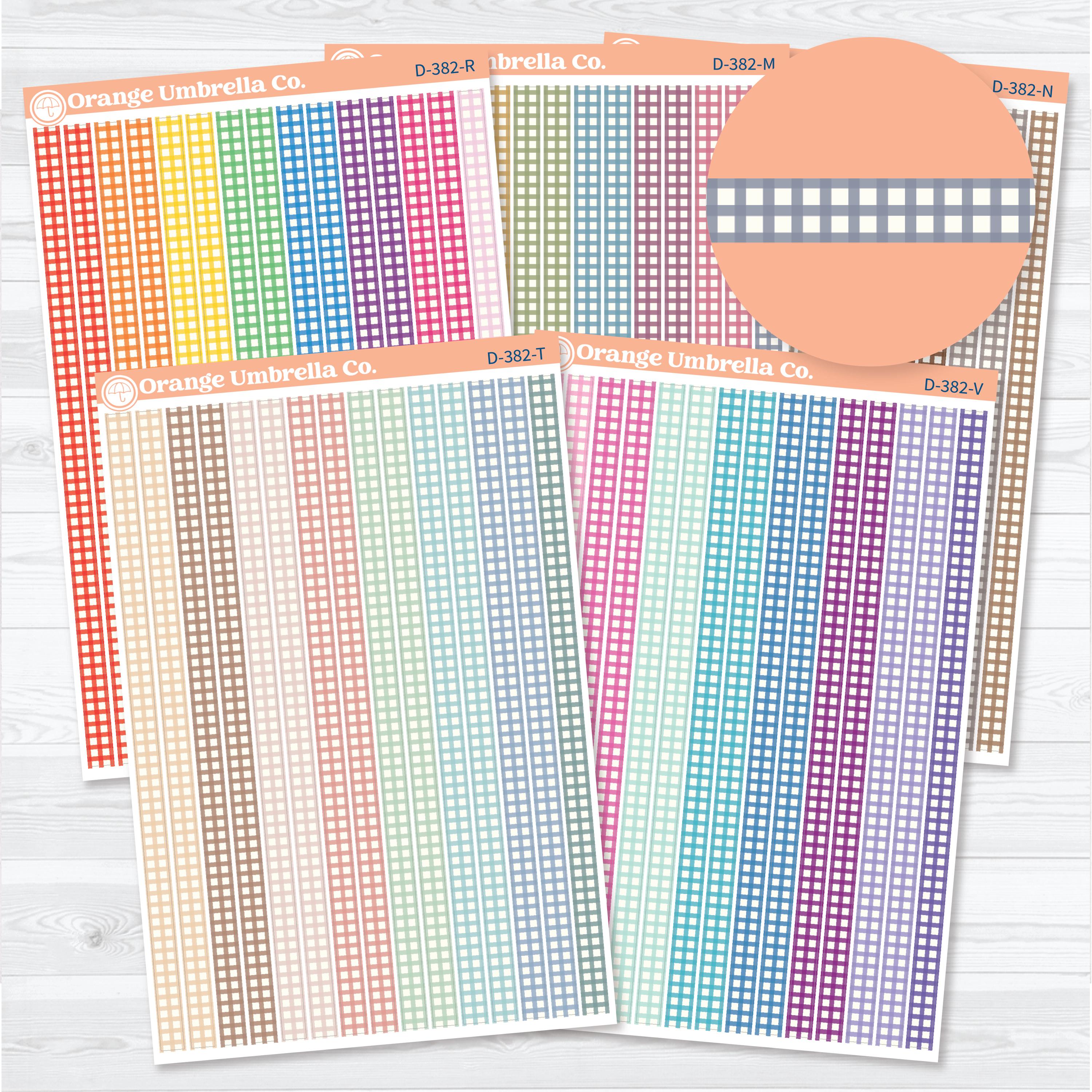 Colorful gingham thin washi planner stickers featuring long decorative strips for planner layouts, journals, scrapbooks, and paper crafts on removable white matte sticker paper.