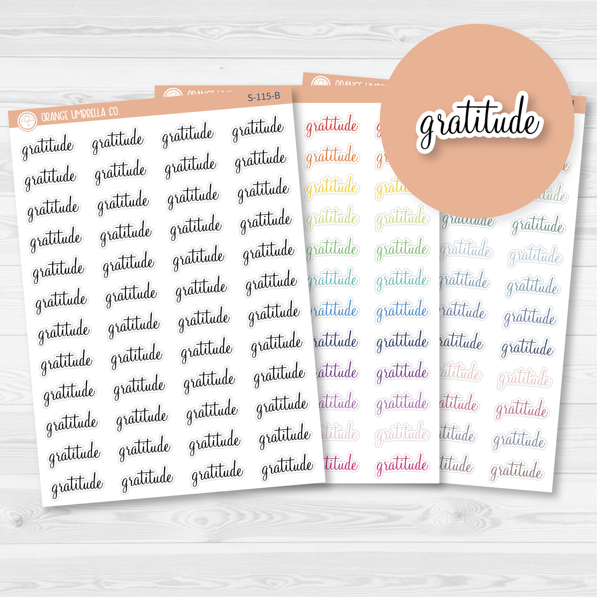 Gratitude script planner stickers in black, rainbow, and muted rainbow on removable white matte sticker sheets.