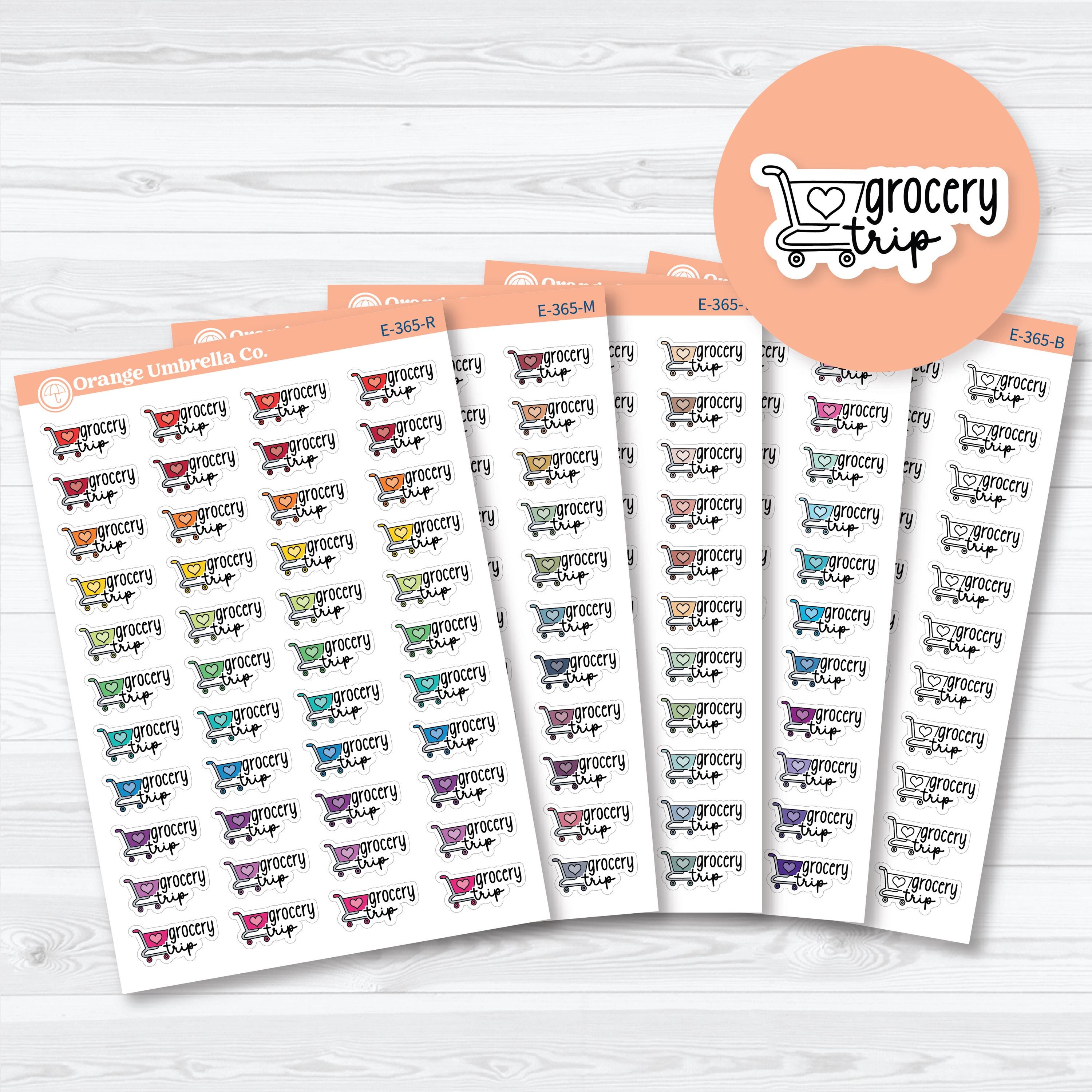 Grocery trip planner event label stickers featuring a shopping cart design for meal planning, grocery shopping, supermarket trips, and weekly errands on removable white matte sticker paper.