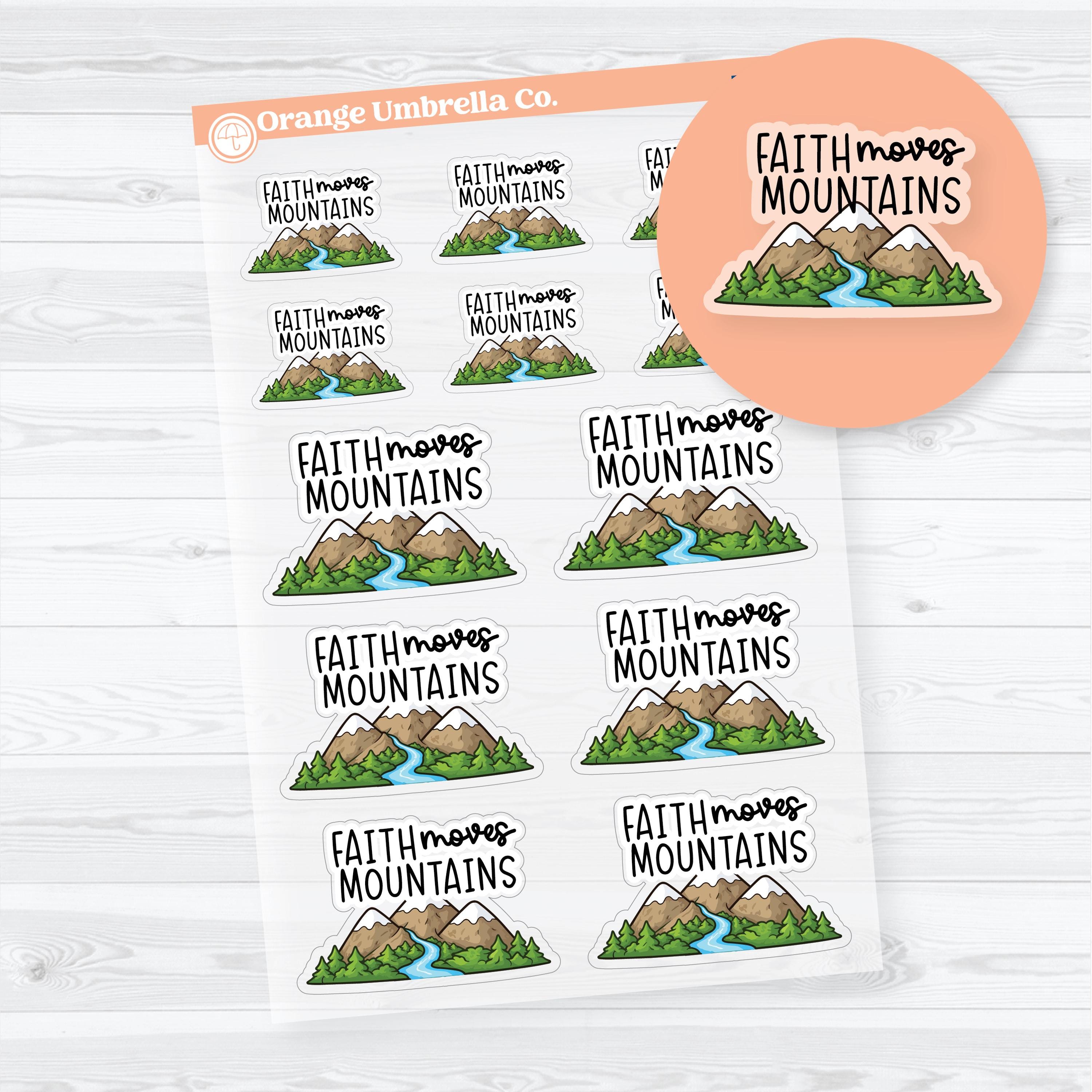 Faith Moves Mountains Bible journaling planner stickers featuring inspirational Christian phrase artwork
