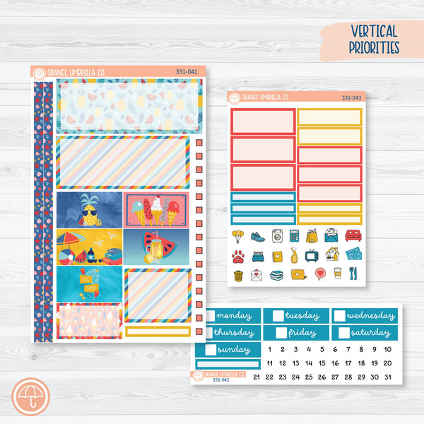 Summer Beachside Party Stickers | Plum Vertical Priorities 7x9 Planner Kit Stickers | Out Of Office | 331-041