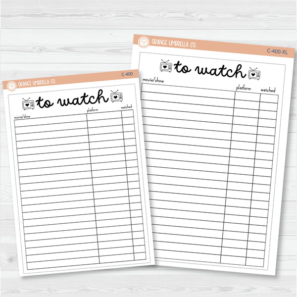 NP-To Watch Tracker Full Page A5 & 7x9 Size Deco Planner Stickers | C-400
