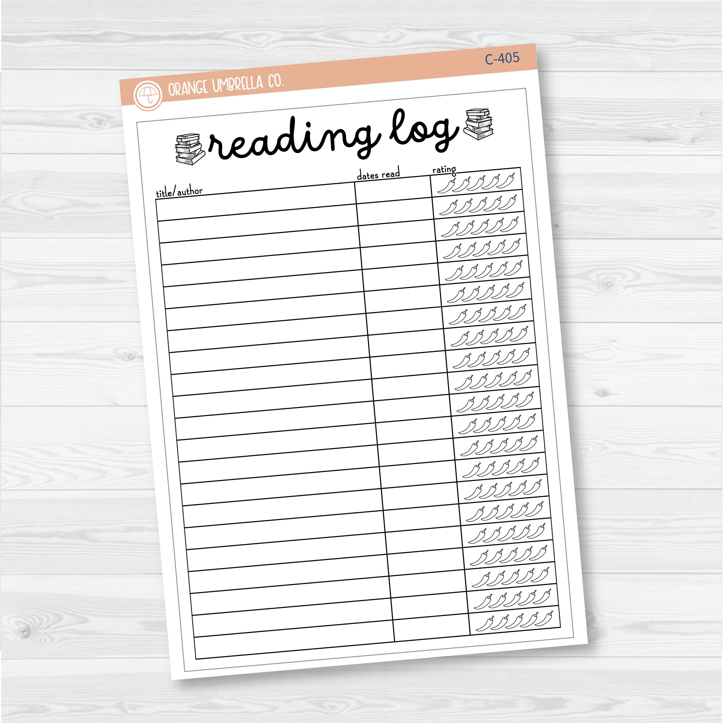 NP-Reading Log with Spicy Rating Tracker Full Page A5 & 7x9 Size Deco Planner Stickers | C-405