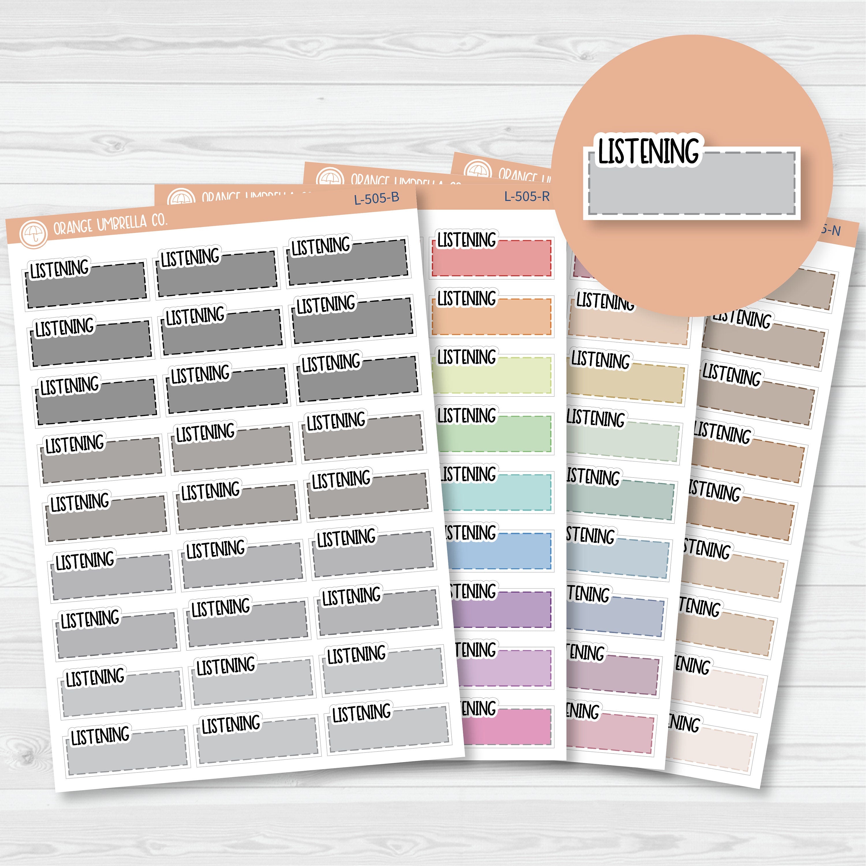 Listening Hobonichi Color Stitched Quarter Box Planner Stickers | Solid Color Labels | L-505