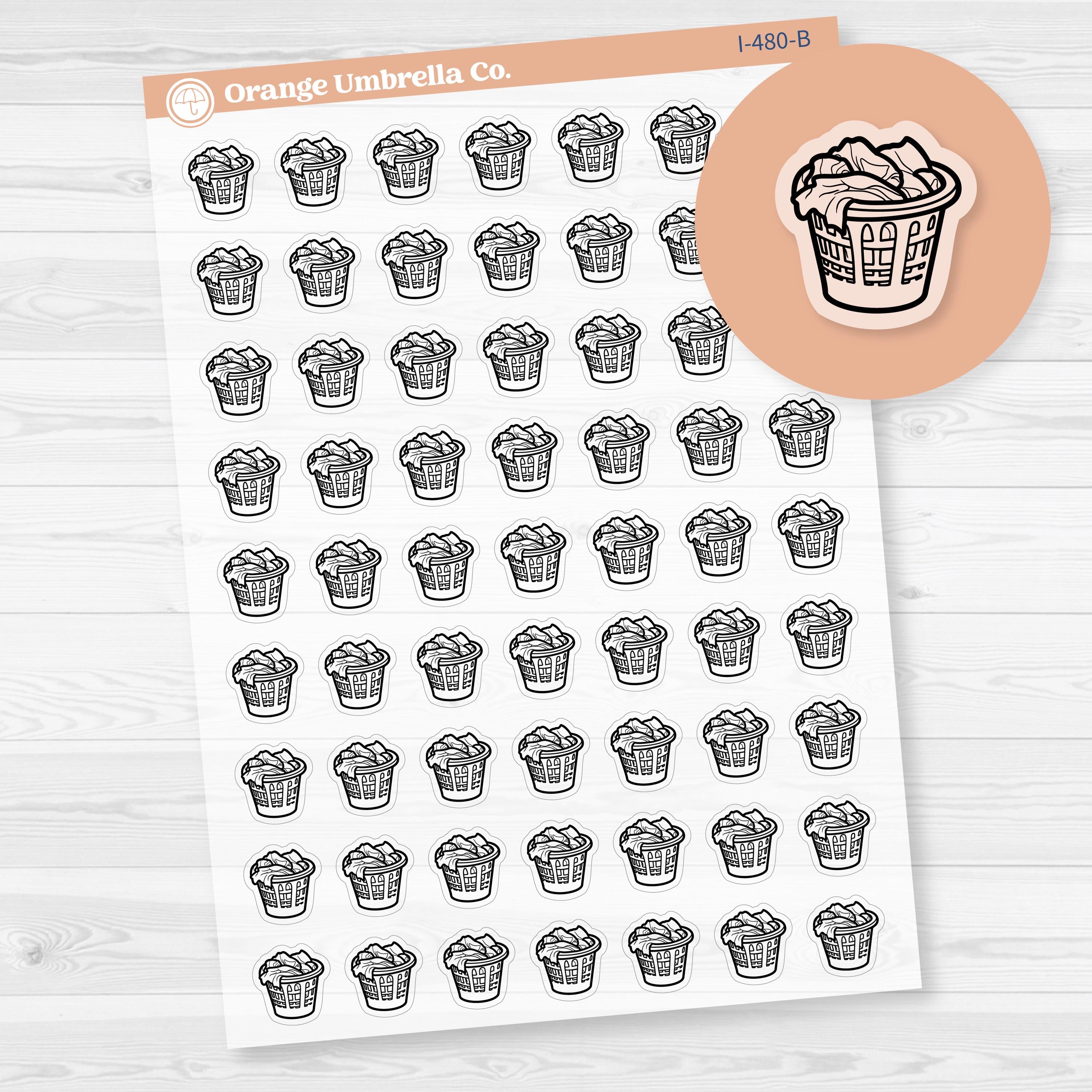Hand Doodled Laundry Basket Planner Stickers, Icon Chore Labels | Clear Matte | I-480-BCM