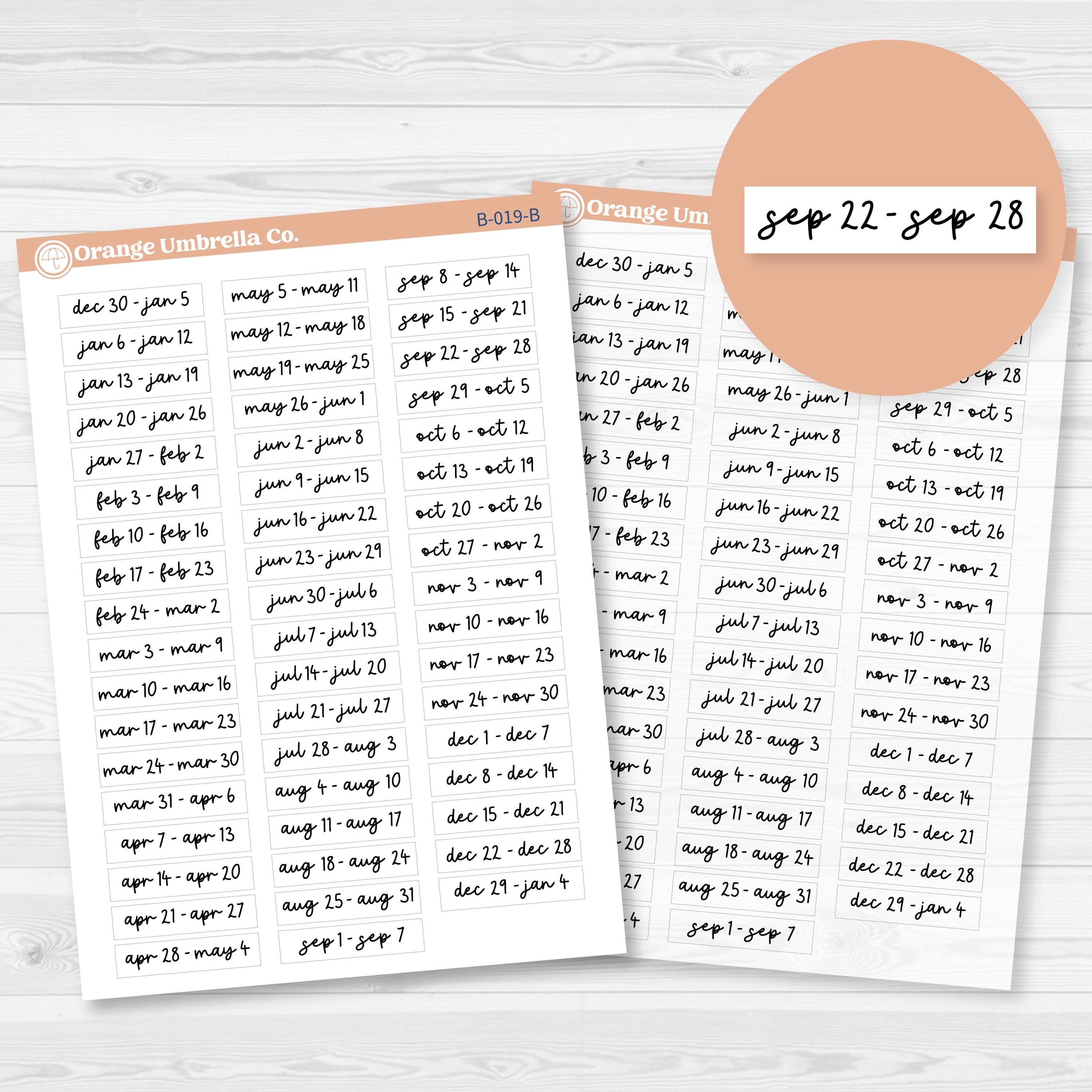 2025 Weeks of the year | Monday Start Planner Stickers | F17 Script | B-019