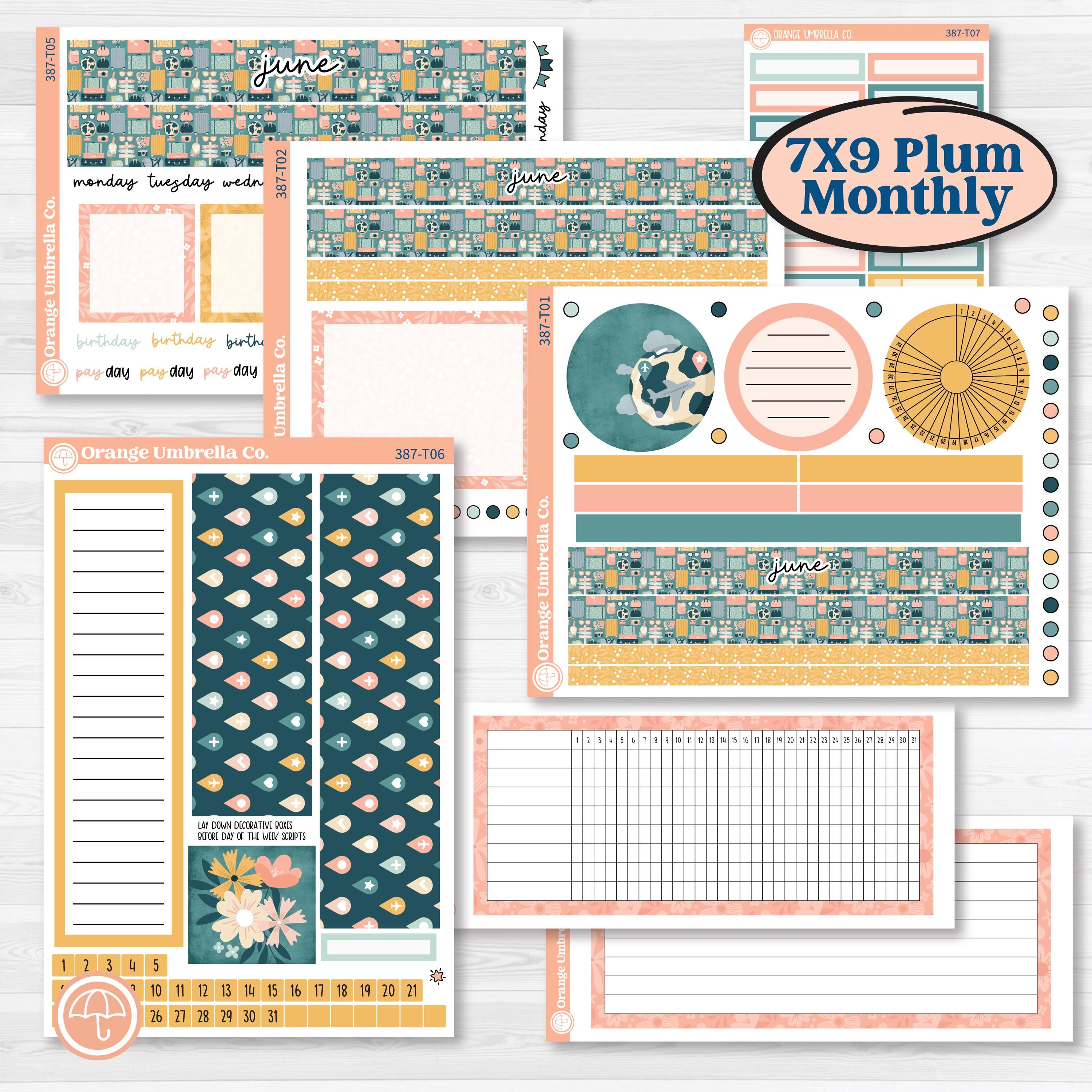 Travel Vacation Planner Kit | 7x9 Plum Monthly & Dashboard Planner Kit Stickers | Adventure Awaits | KIT-387-T