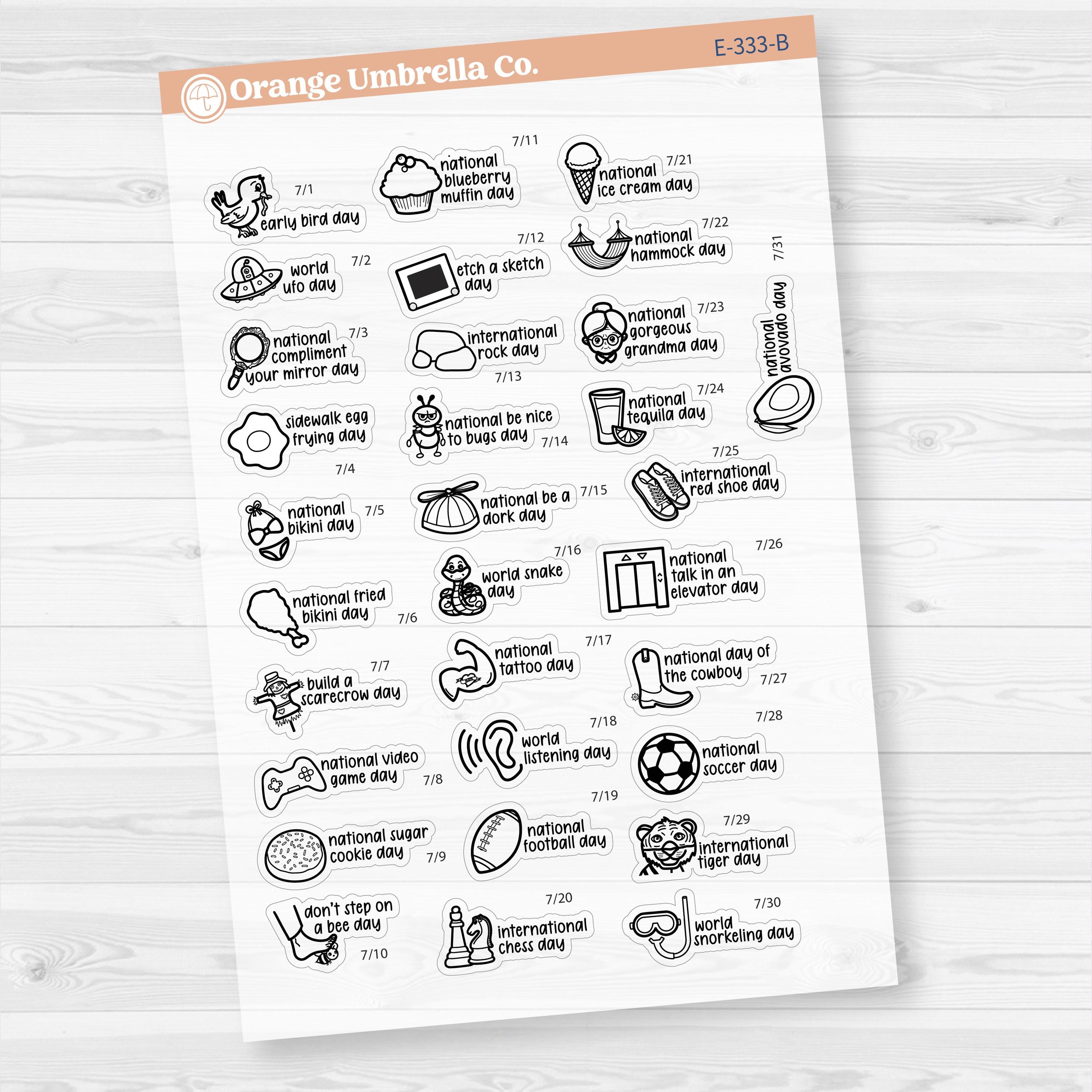 July Wacky Holidays Mini Script Planner Stickers | F17 | E-333