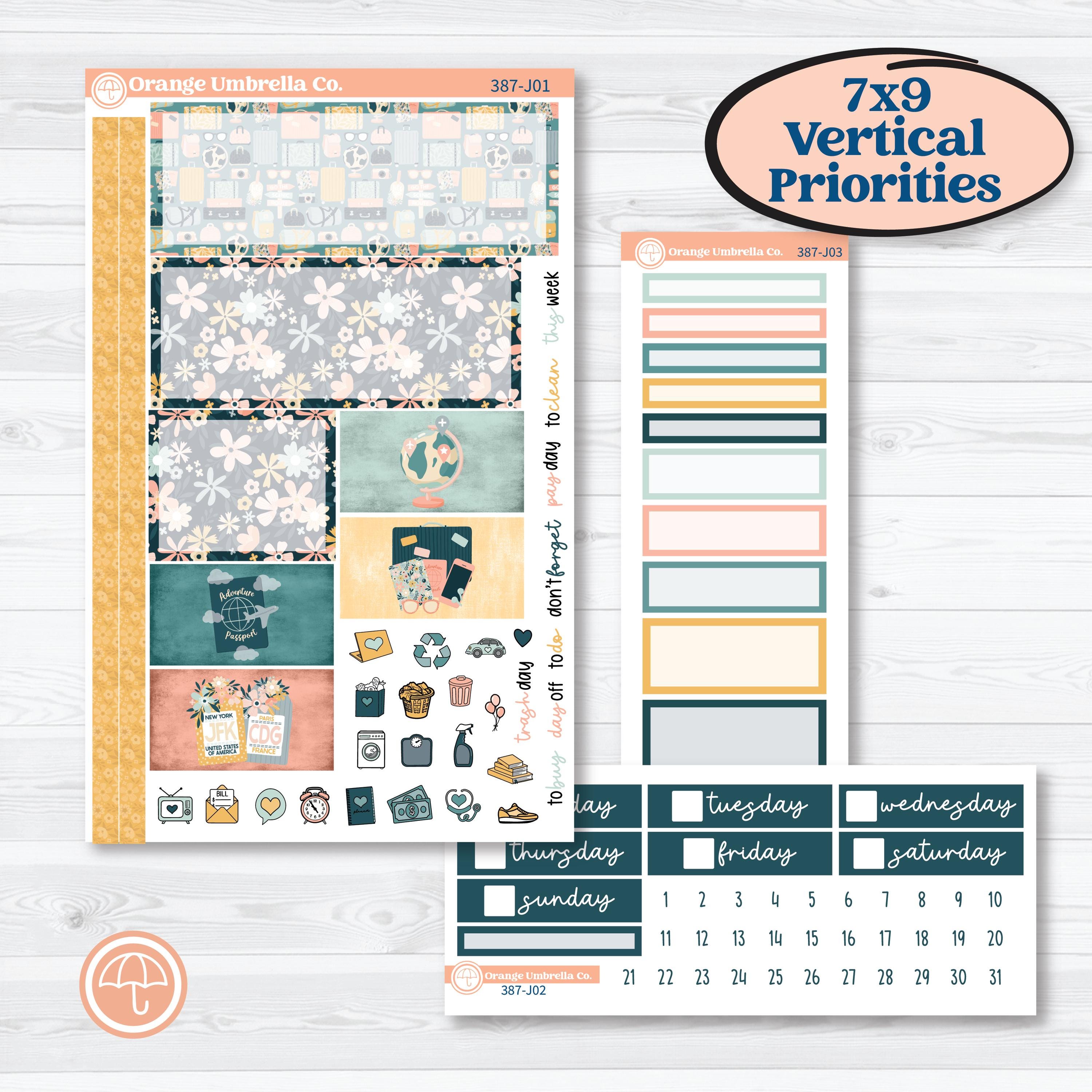 Travel Vacation Planner Kit | Plum Vertical Priorities 7x9 Planner Kit Stickers | Adventure Awaits | KIT-387-J