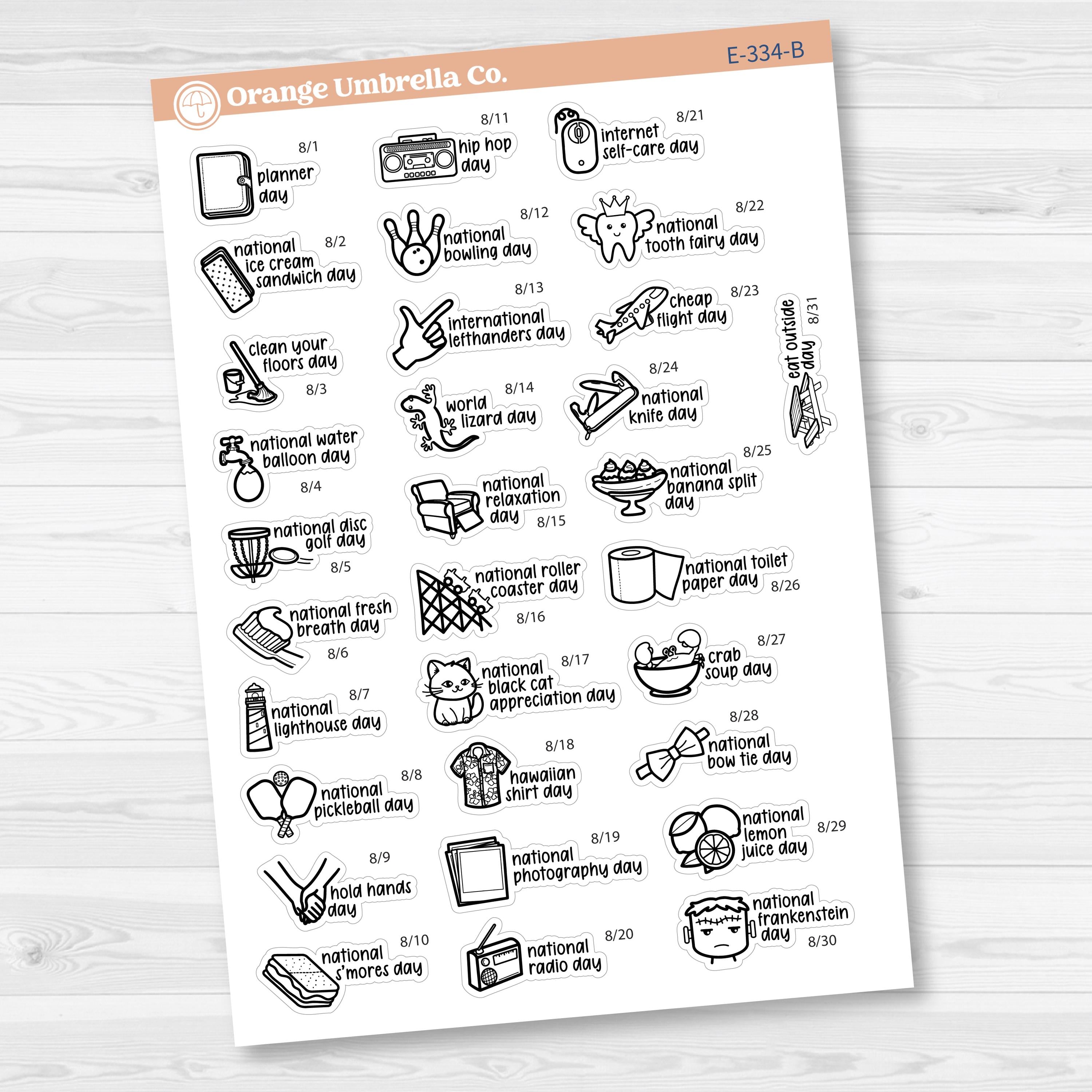 August Wacky Holidays Script Planner Stickers | F17 | E-334