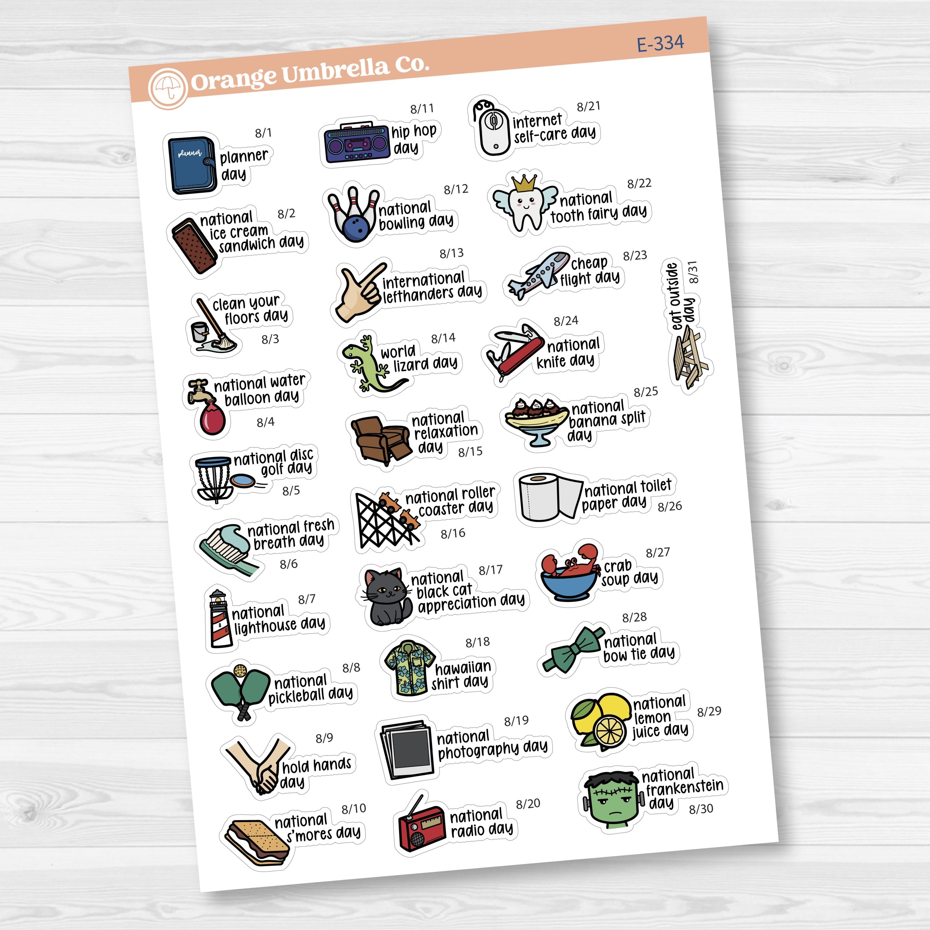 August Wacky Holidays Script Planner Stickers | F17 | E-334