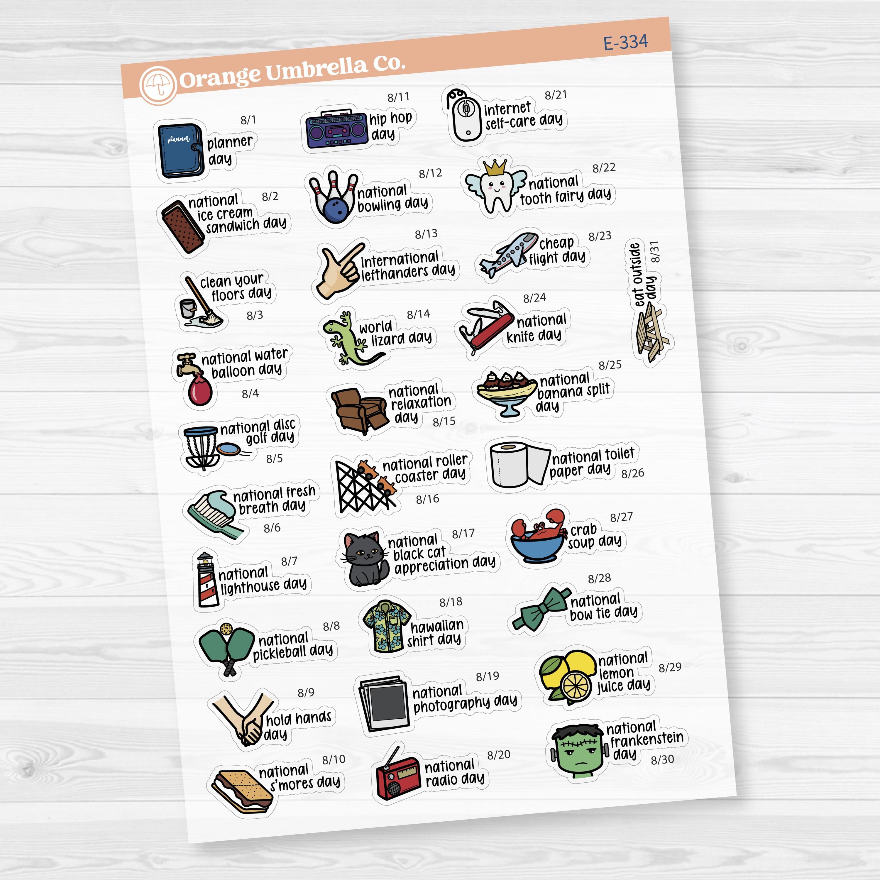 August Wacky Holidays Script Planner Stickers | F17 | E-334
