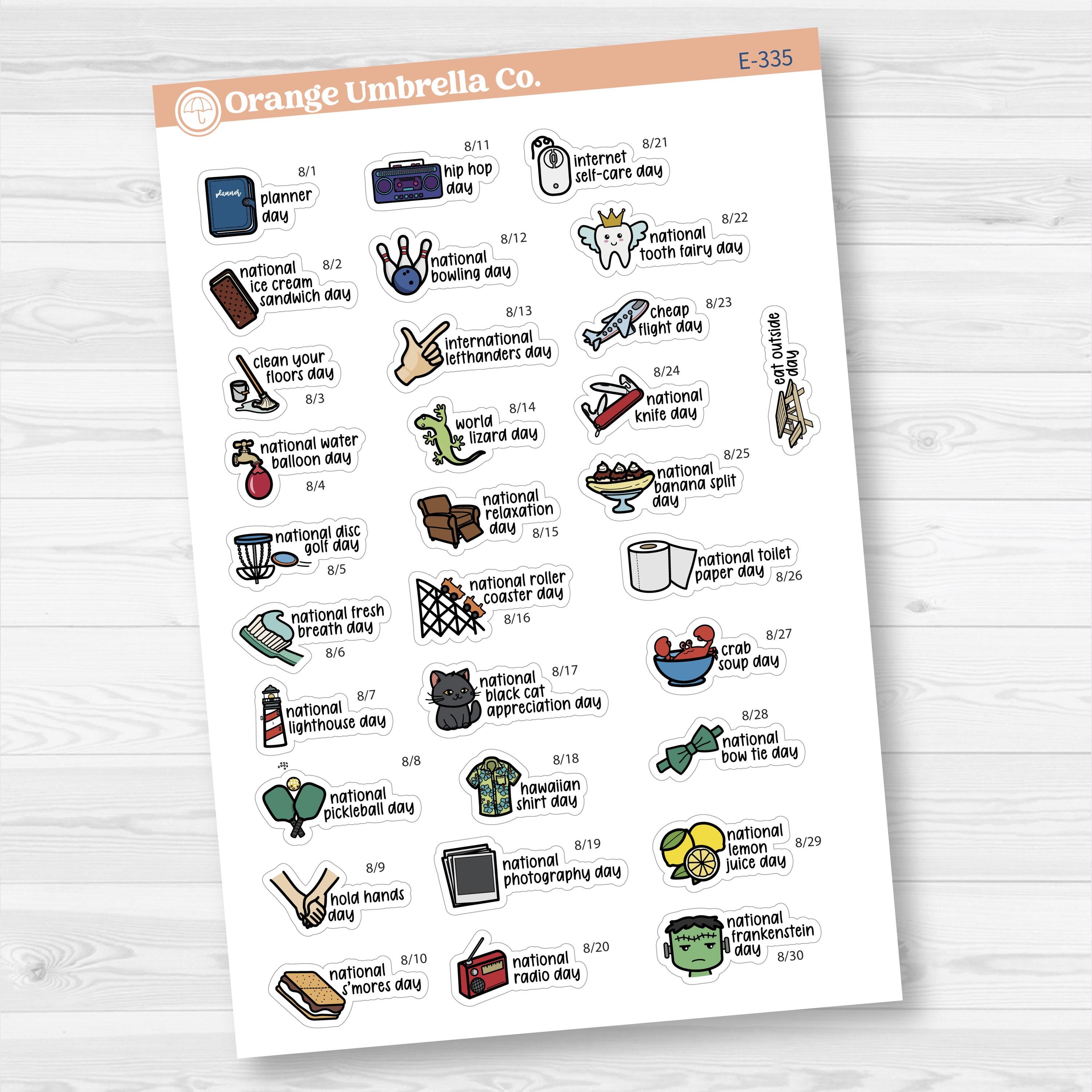 August Wacky Holidays Mini Script Planner Stickers | F17 | E-335