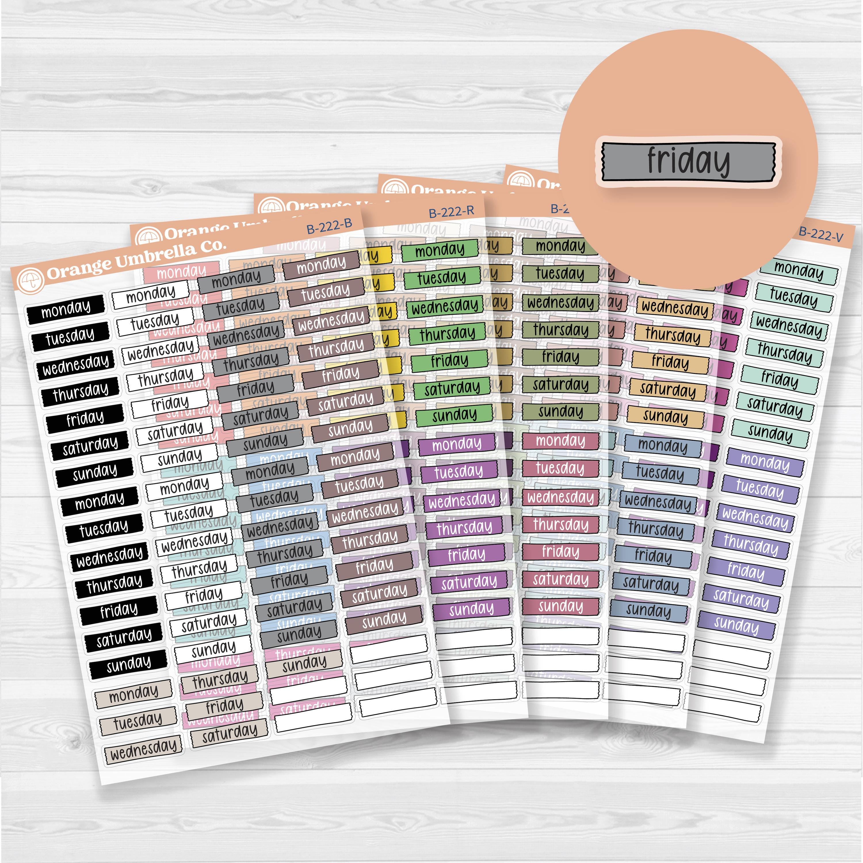 Washi Tape Days of the week Day Of the Week Planner Stickers | Clear Matte| F17 | B-222-CM