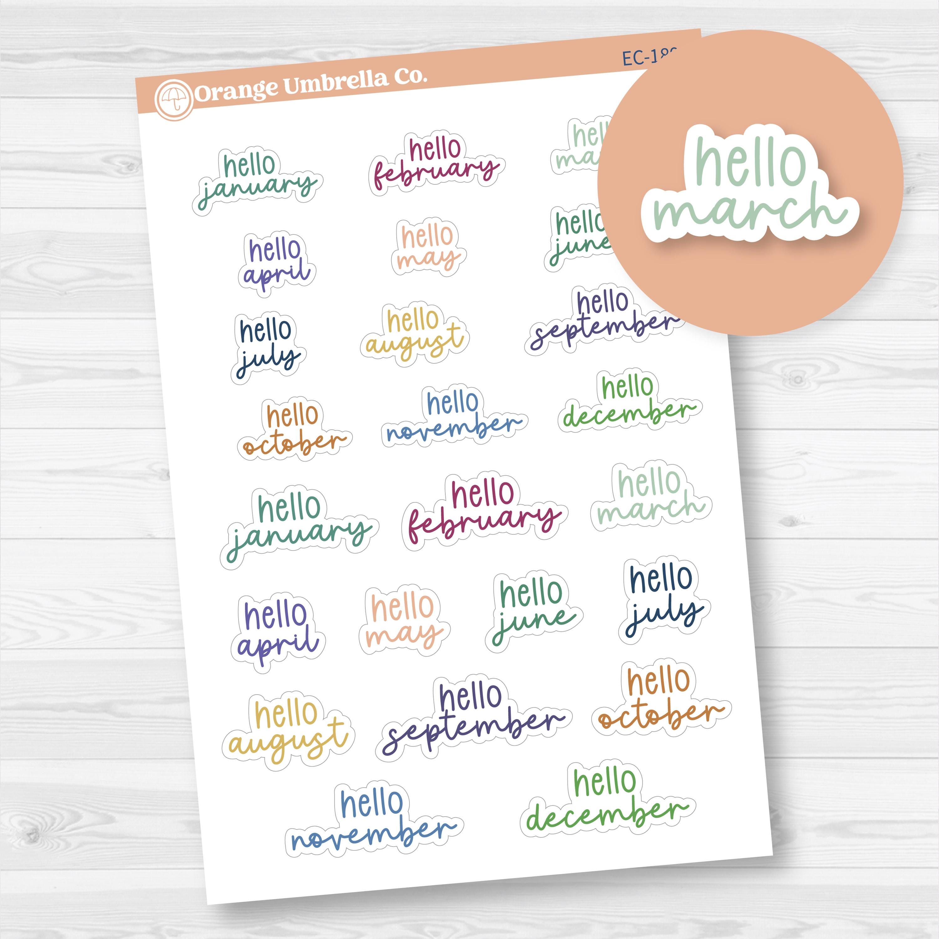 Hello Month Name Script Planner Stickers | 2025-2025 Colors | F17 | Clear Matte | EC-189-CM