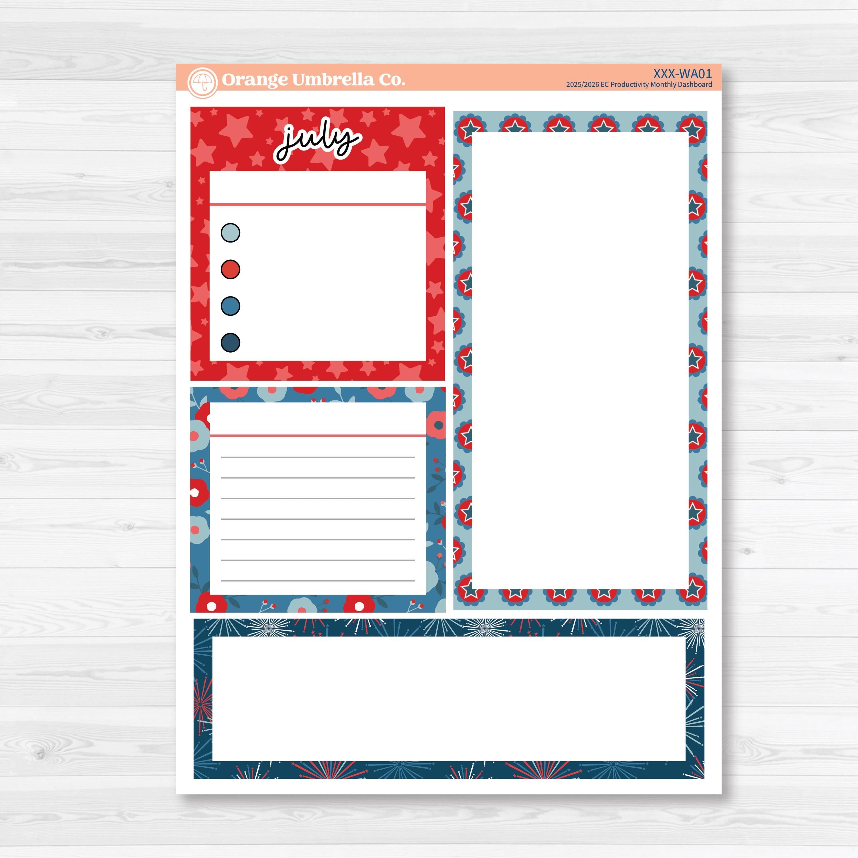 Independence Day | 7x9 Erin Condren Life Planner Monthly Dashboard Sticker Kit | 2025-2026 Planners | Freedom | KIT-394-WA