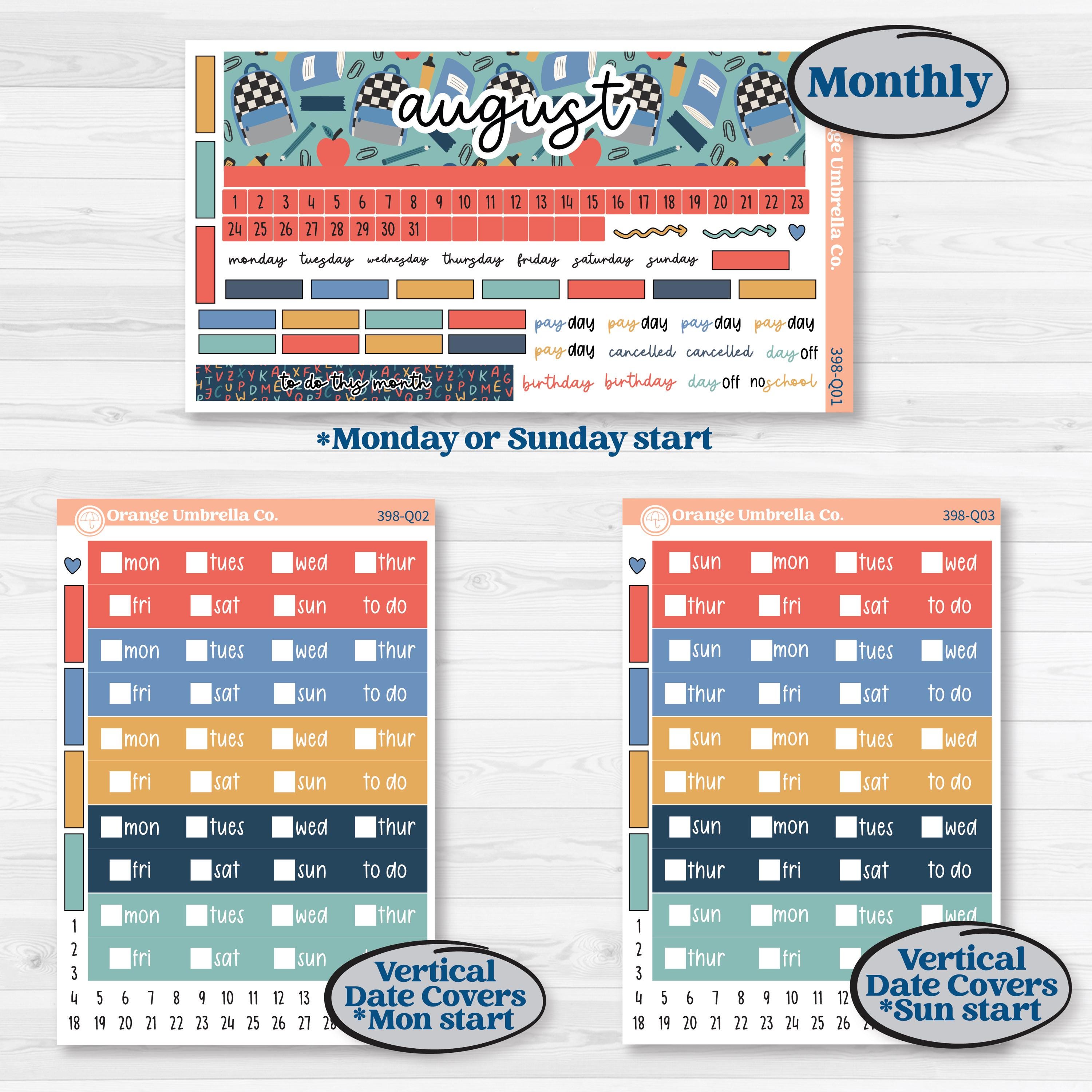 Back to School Kit | Laurel Denise Standard Vertical & Horizontal Planner Kit Stickers | First Day Back | KIT-398-Q