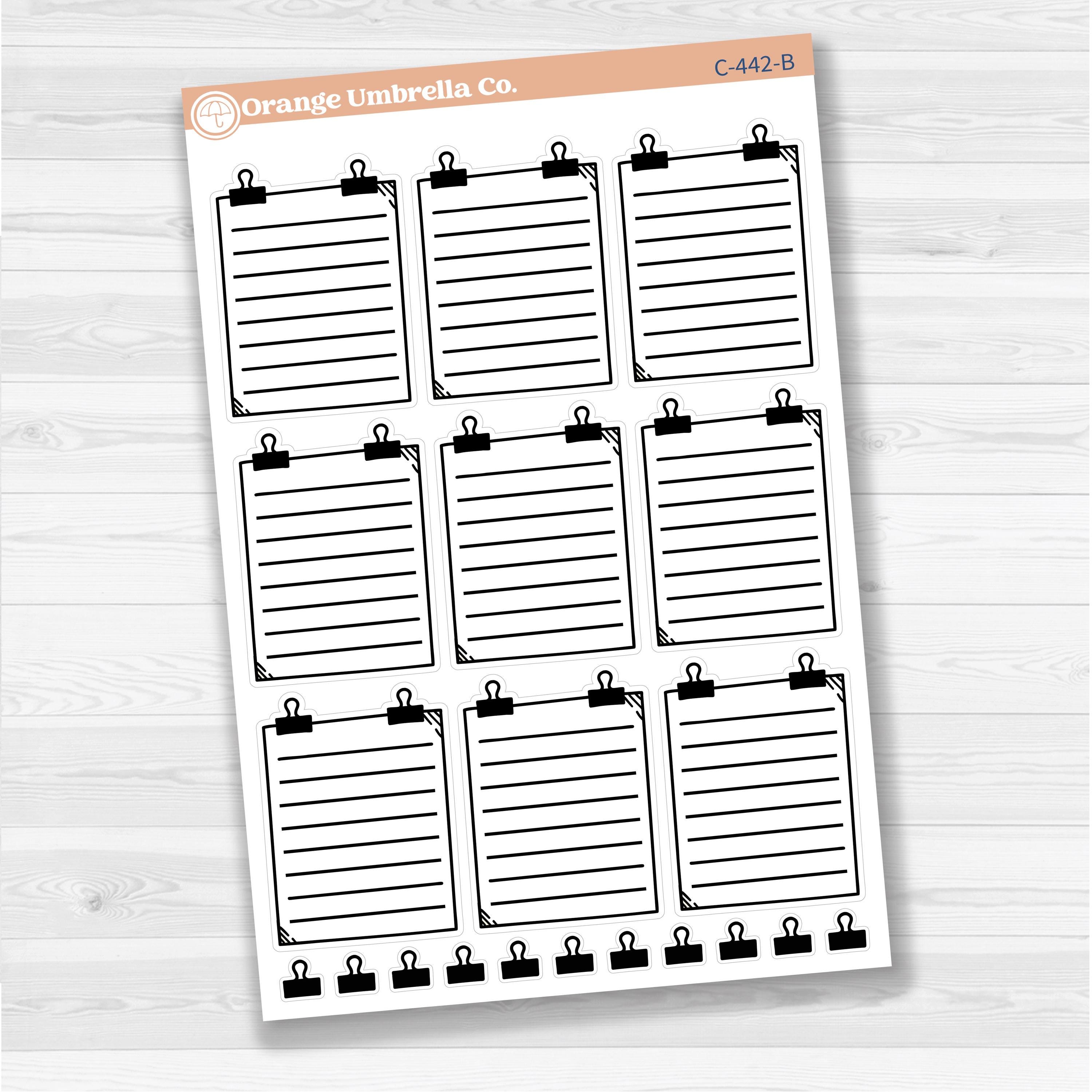Sticker sheet with large binder clip note stickers for planners, journaling, and scrapbooking — white matte.