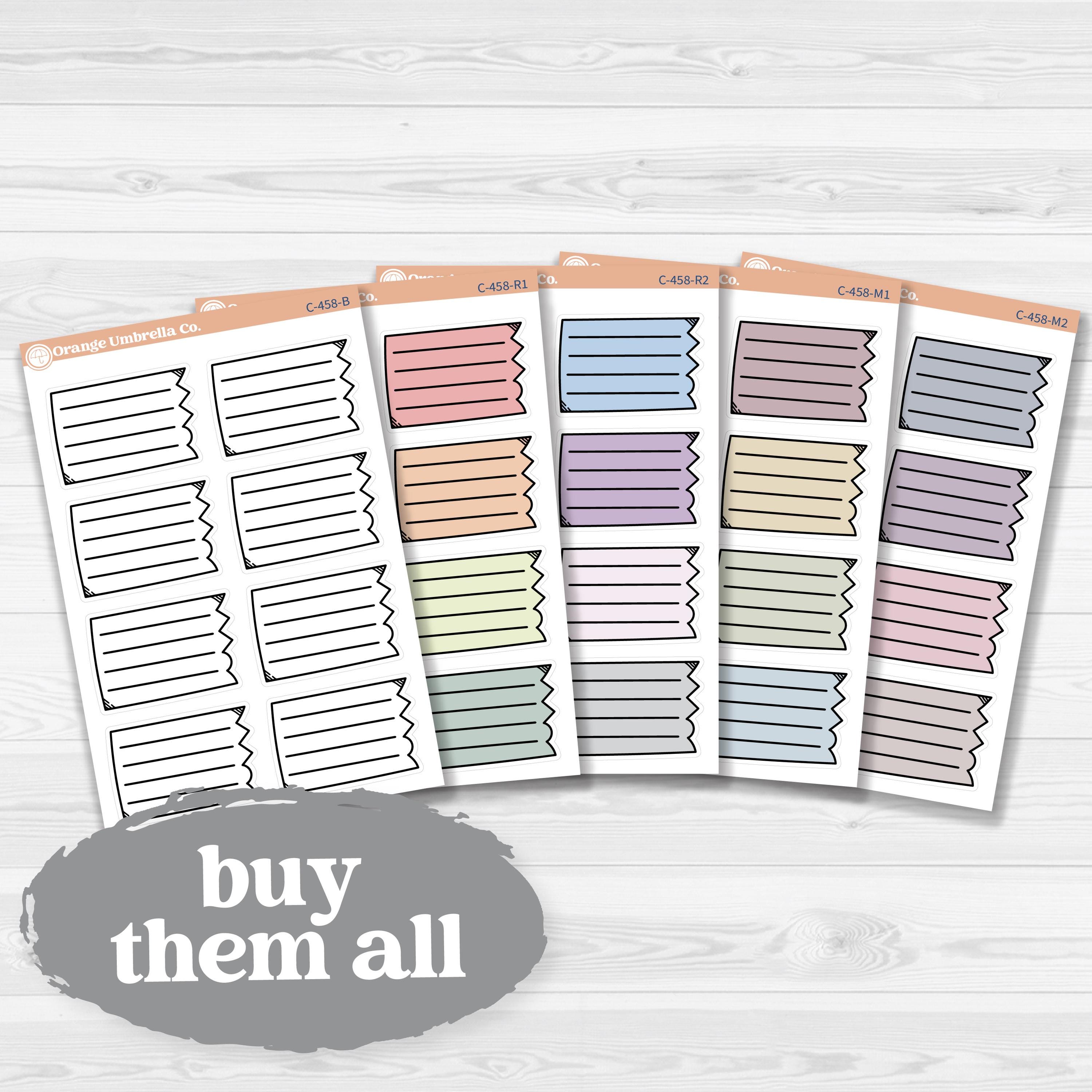 Sticker sheet with large torn lined note boxes for planners, scrapbooking, and Bible journaling — white matte.
