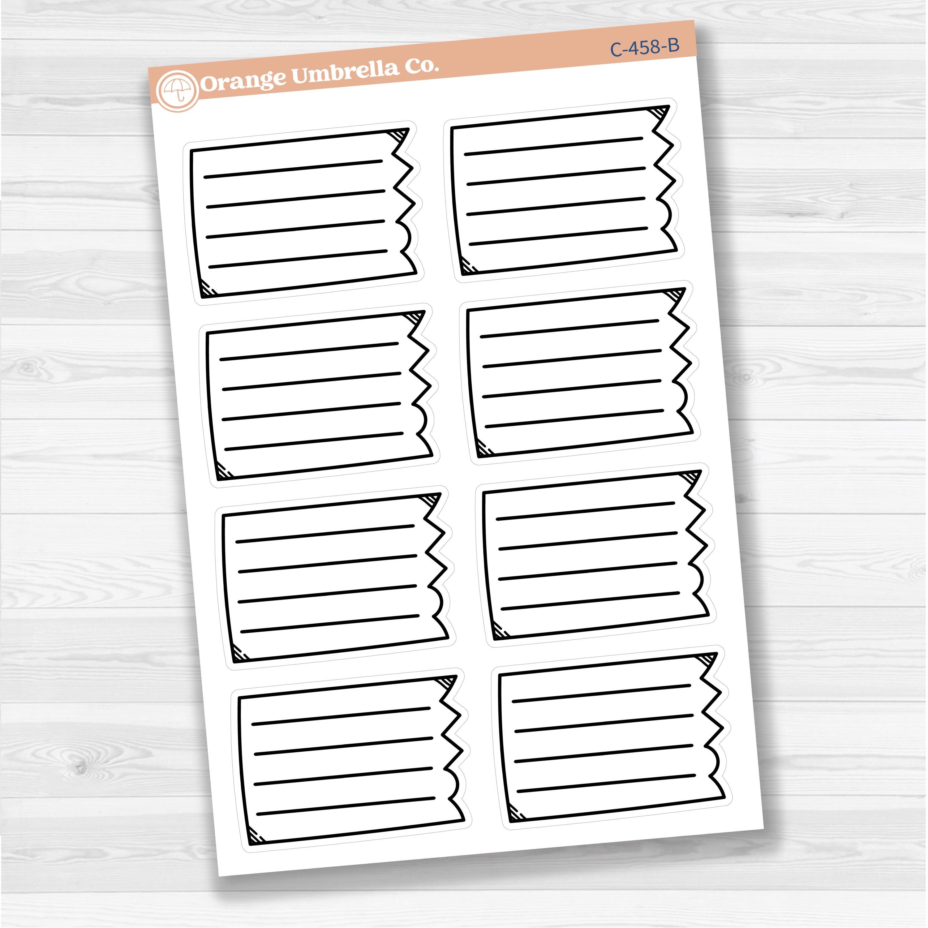 Sticker sheet with large torn lined note boxes for planners, scrapbooking, and Bible journaling — white matte.