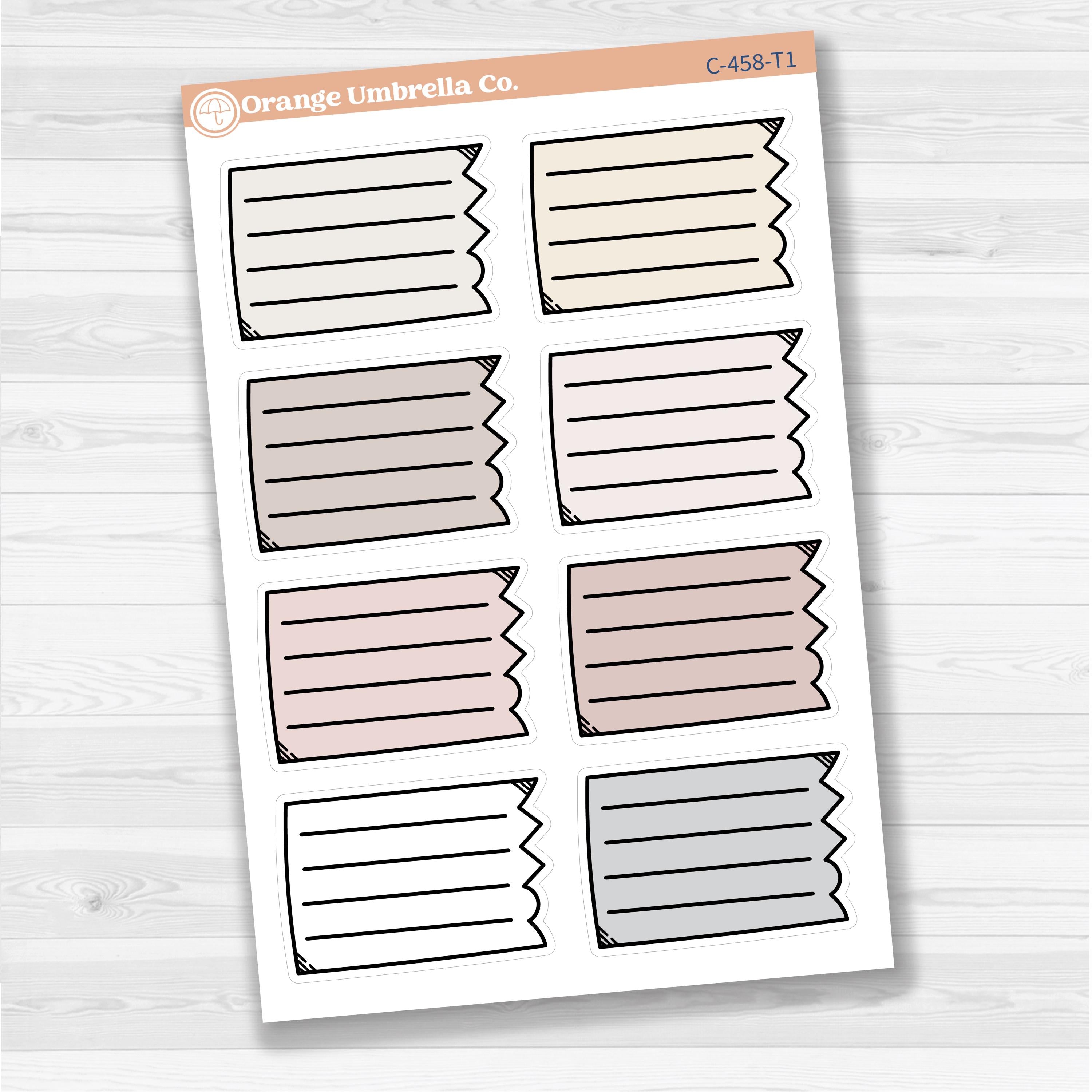 Sticker sheet with large torn lined note boxes for planners, scrapbooking, and Bible journaling — white matte.