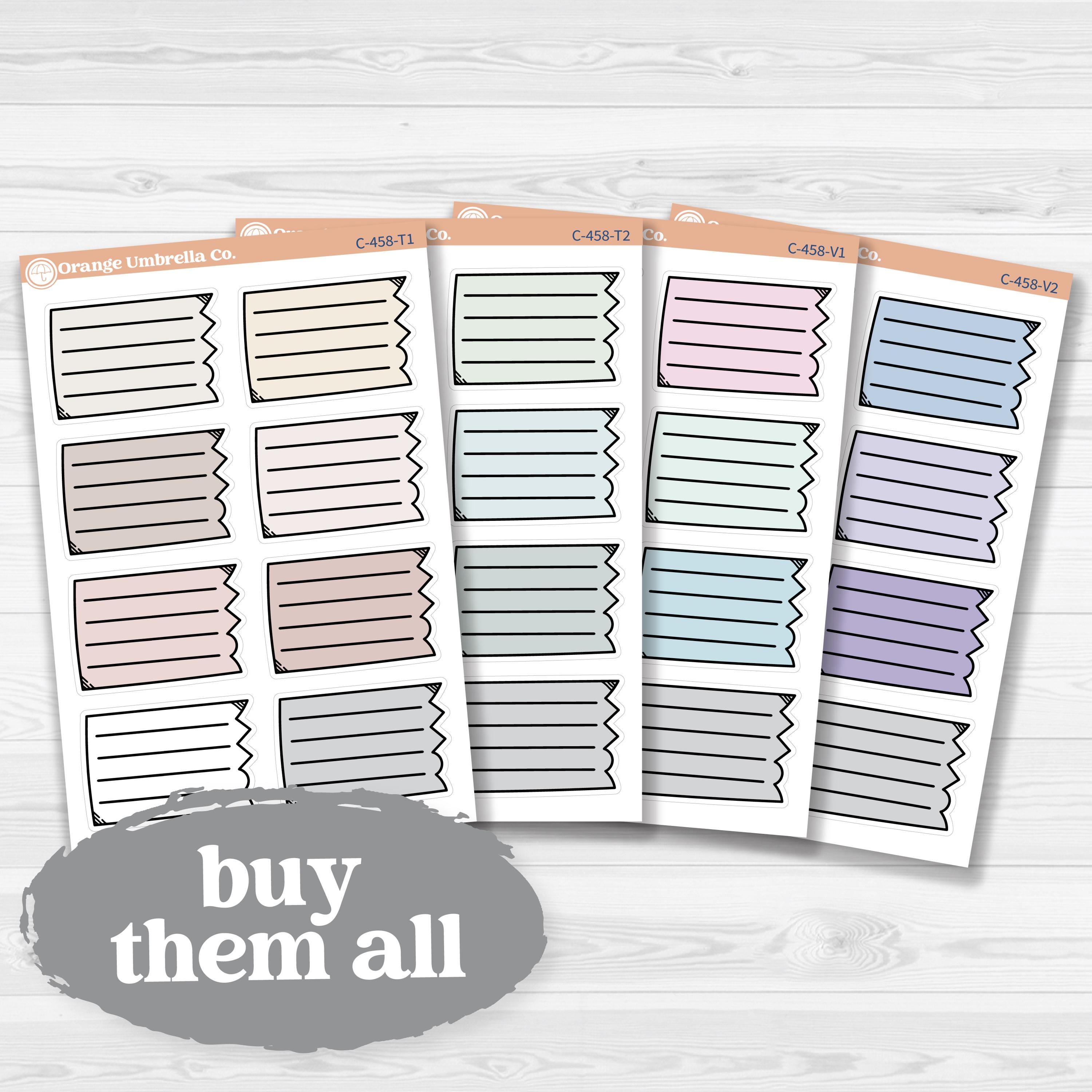 Sticker sheet with large torn lined note boxes for planners, scrapbooking, and Bible journaling — white matte.