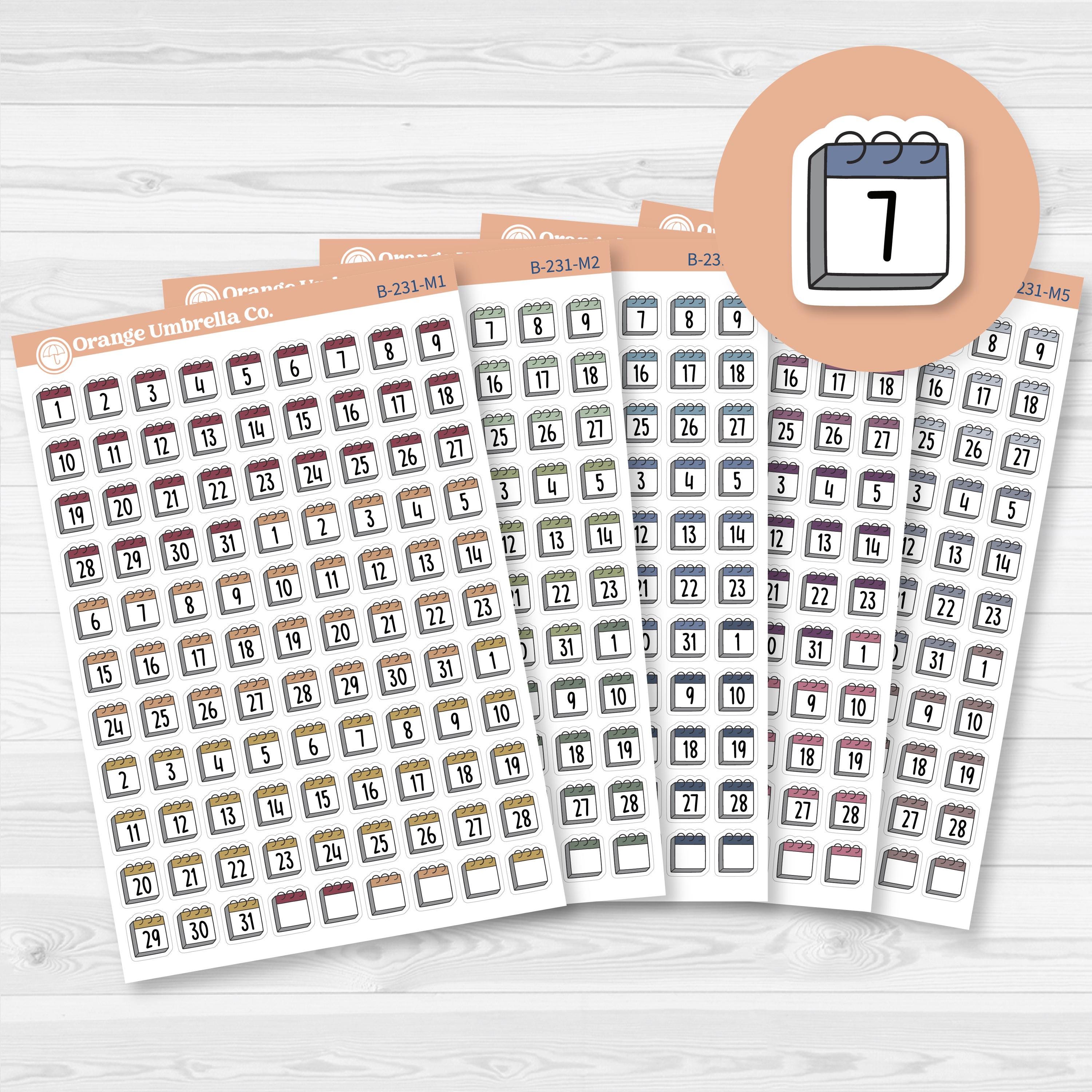 White matte calendar date dot sticker sheet with 99 F17 font numbers for monthly planning.