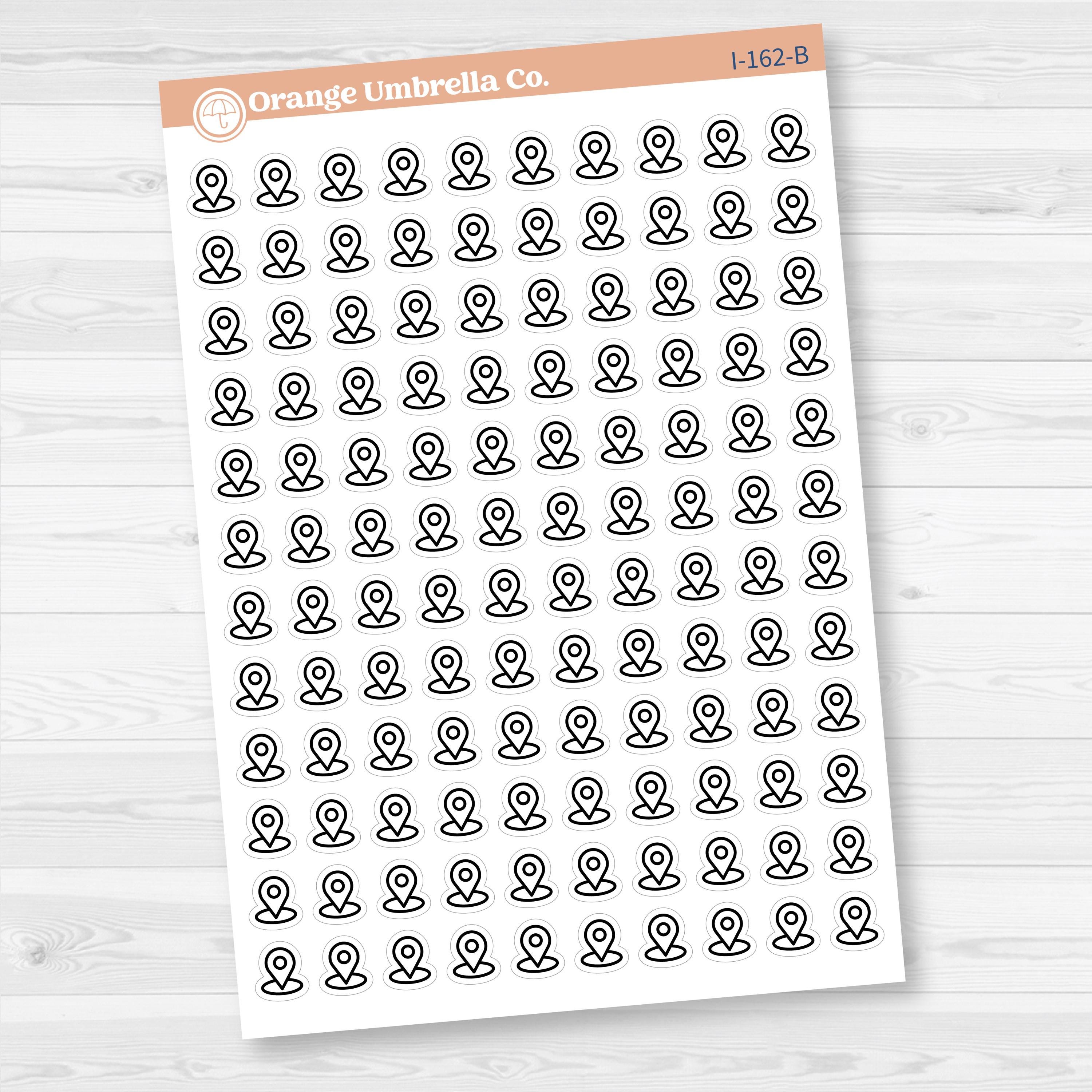 Location marker icon sticker sheet for planners, travel journals, and memory keeping — removable white matte.