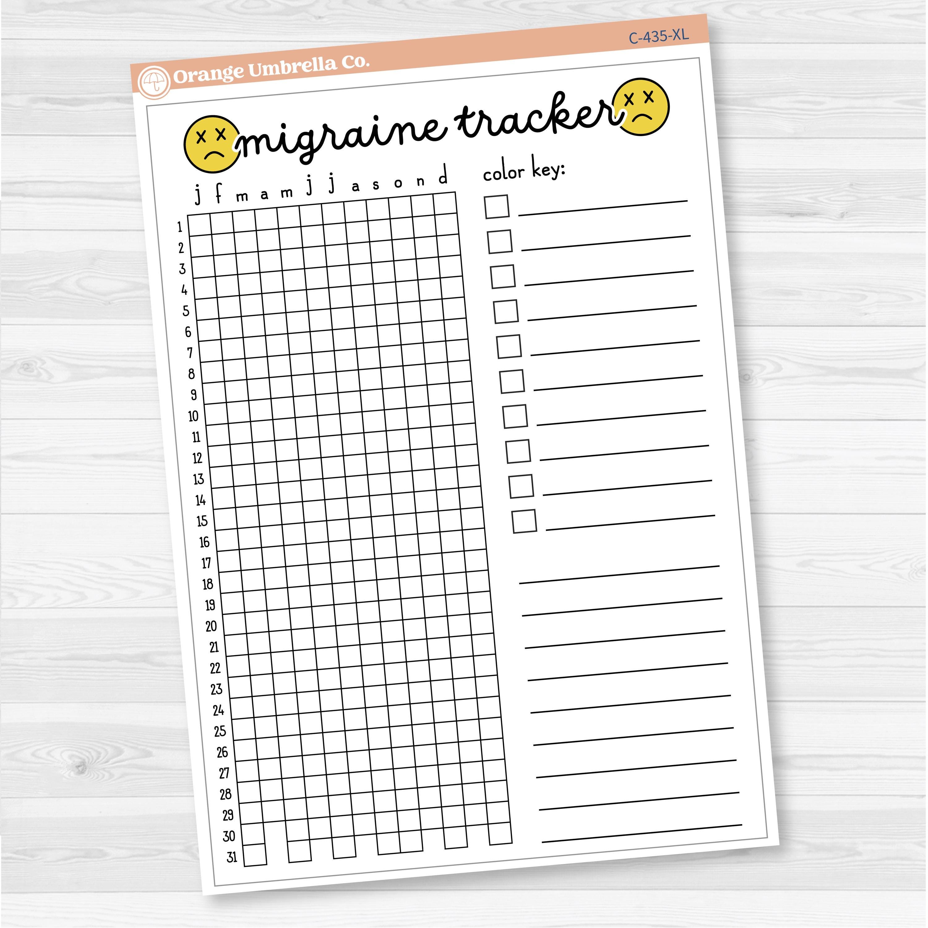 Migraine tracker full page dashboard sticker for planners, available in A5 and 7x9 sizes, removable white matte.