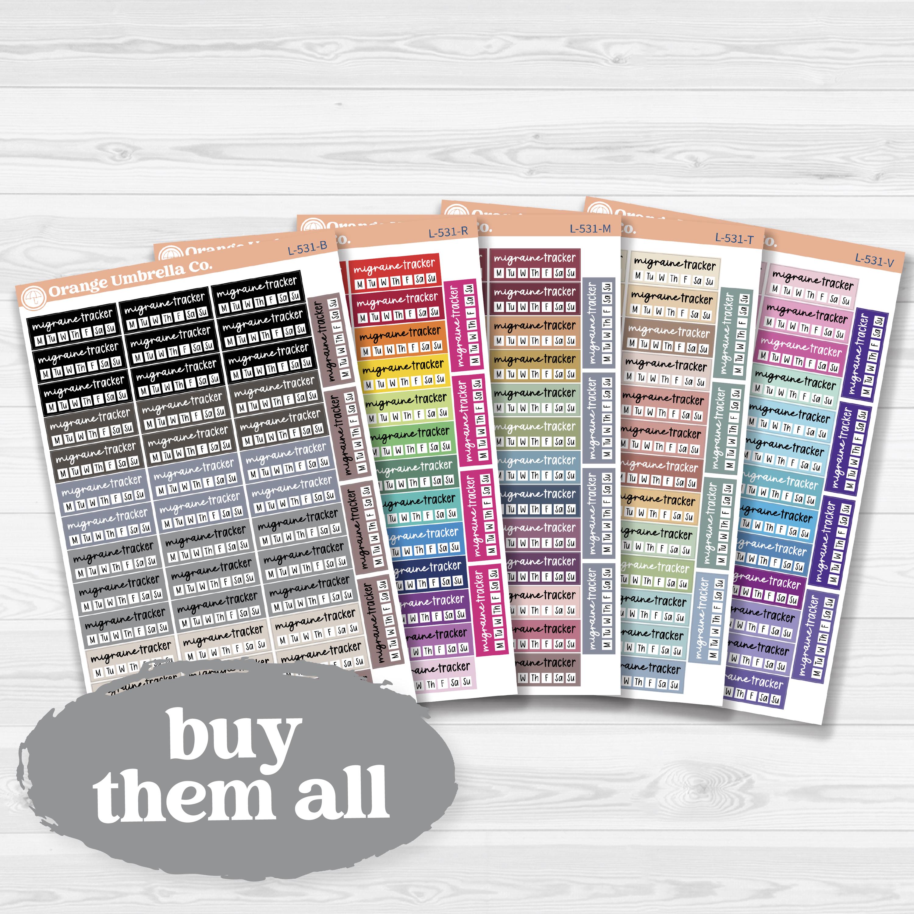 Migraine tracker quarter box stickers in F17 font for planners, health and wellness tracking, removable white matte.