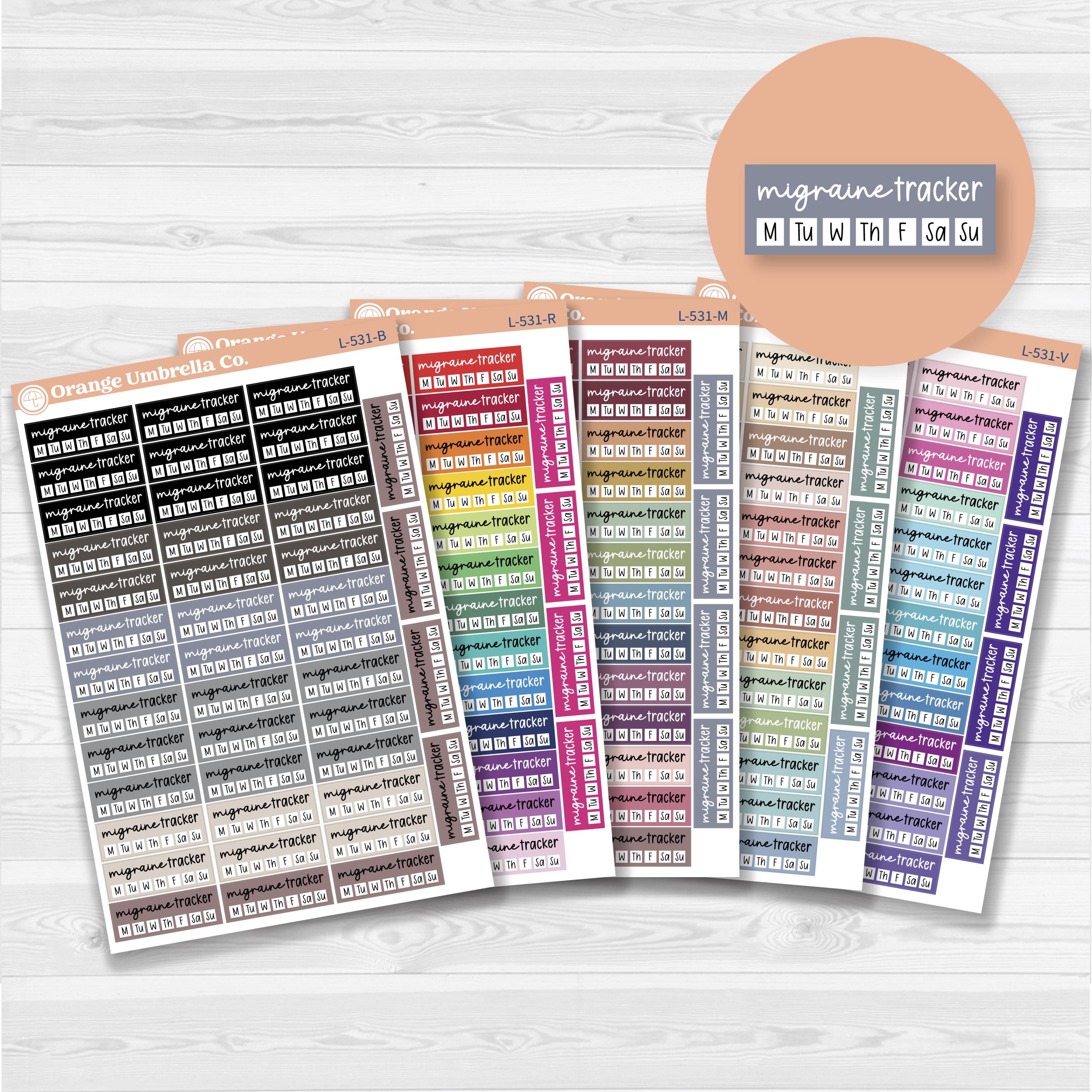 Migraine tracker quarter box stickers in F17 font for planners, health and wellness tracking, removable white matte.