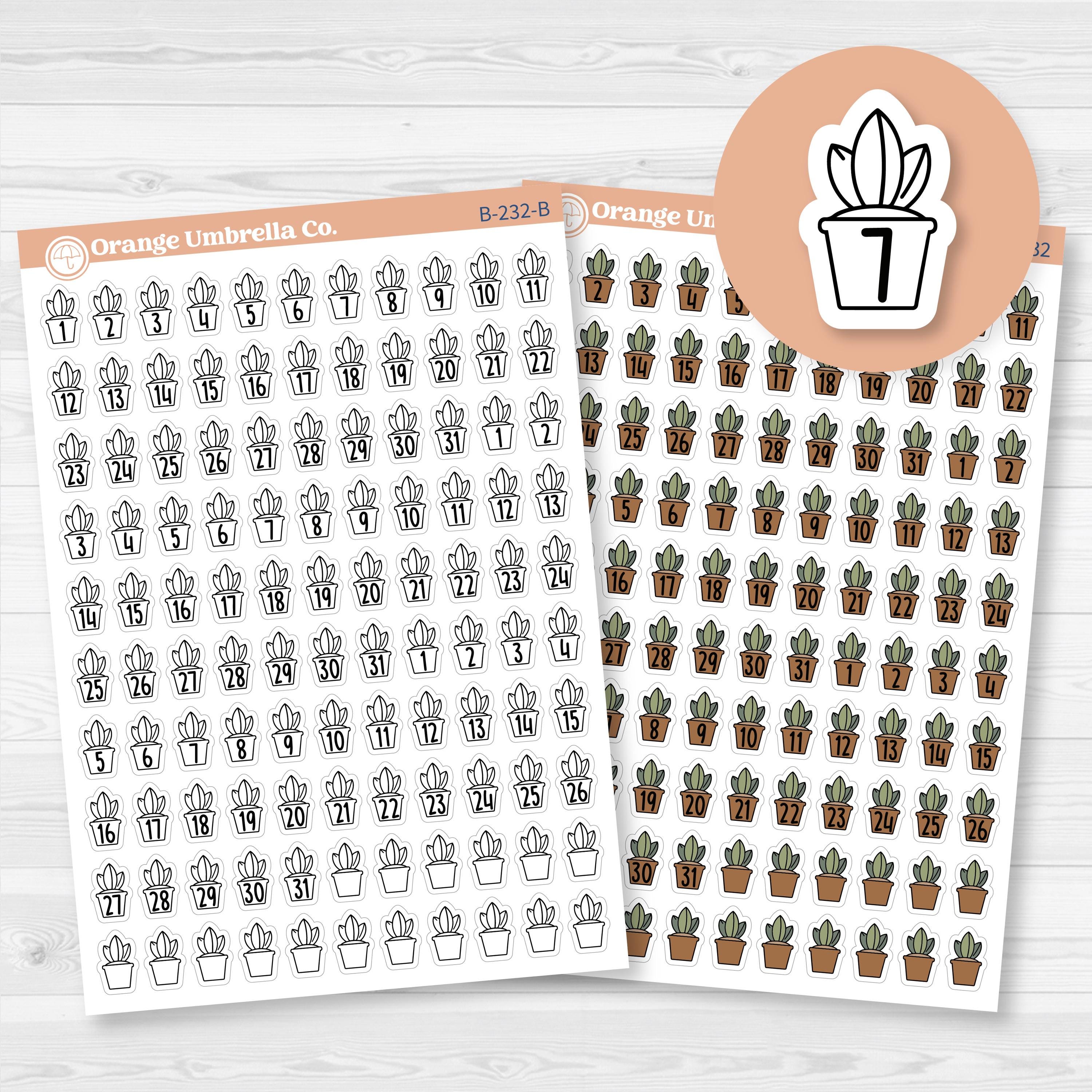 White matte plant date dot sticker sheet with 110 F17 font numbers, perfect for monthly planner and calendar spreads.