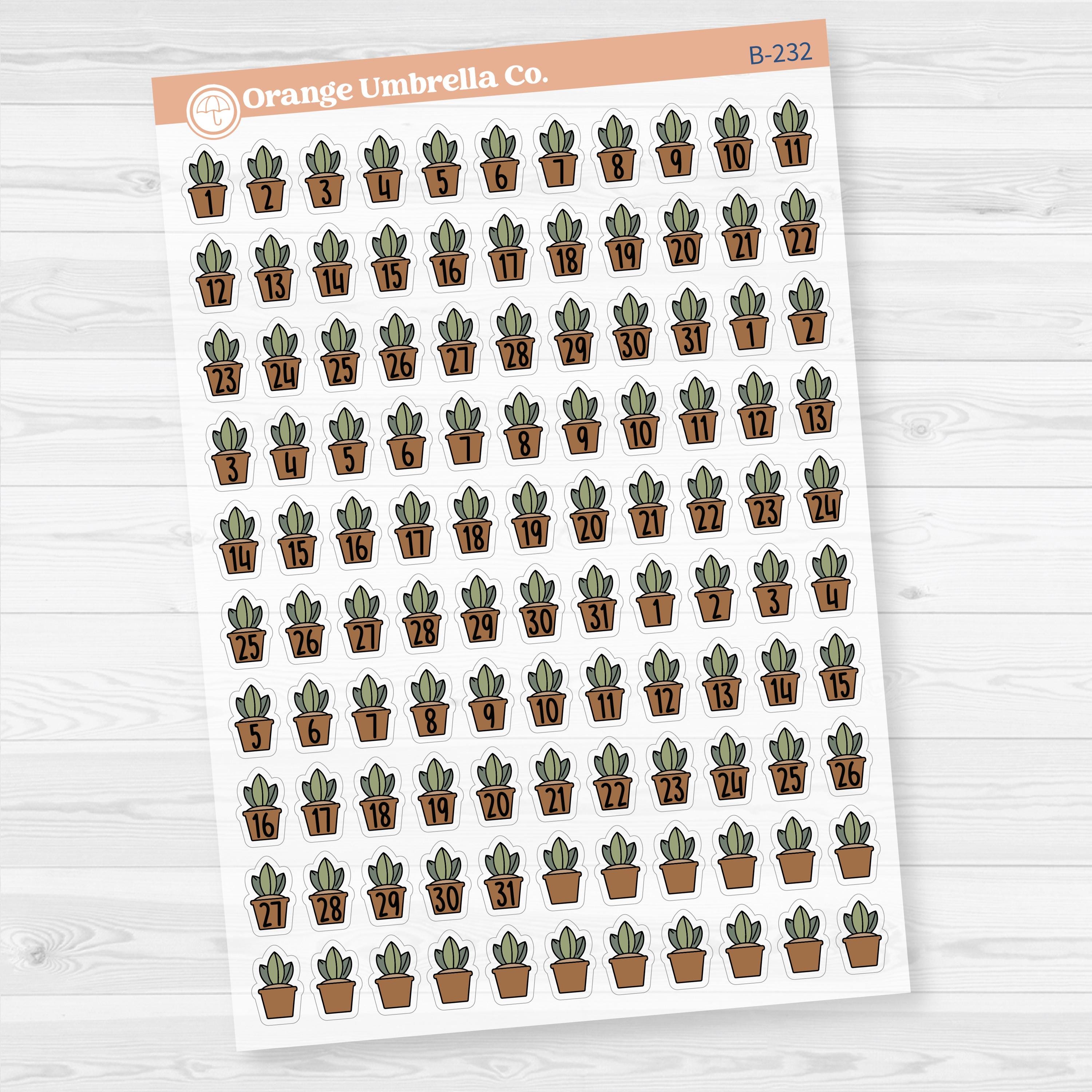 Clear matte plant date dot sticker sheet with 110 F17 font numbers, designed for monthly planner and calendar spreads.