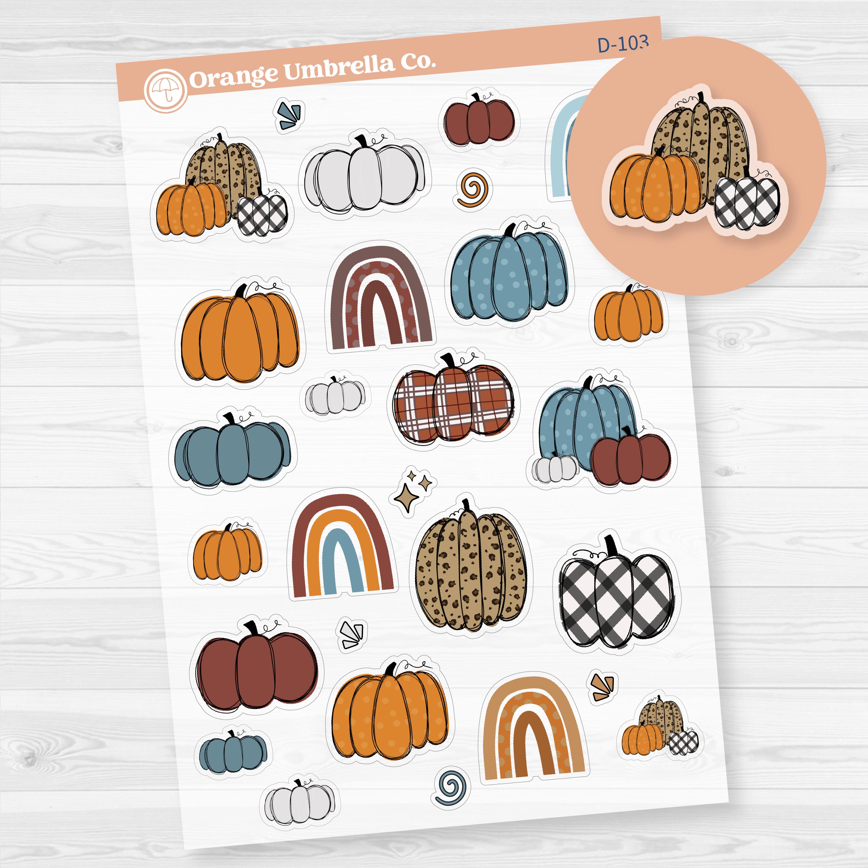 Clear matte fall pumpkin deco sticker sheet with rustic pumpkins and rainbows for cozy planner spreads.