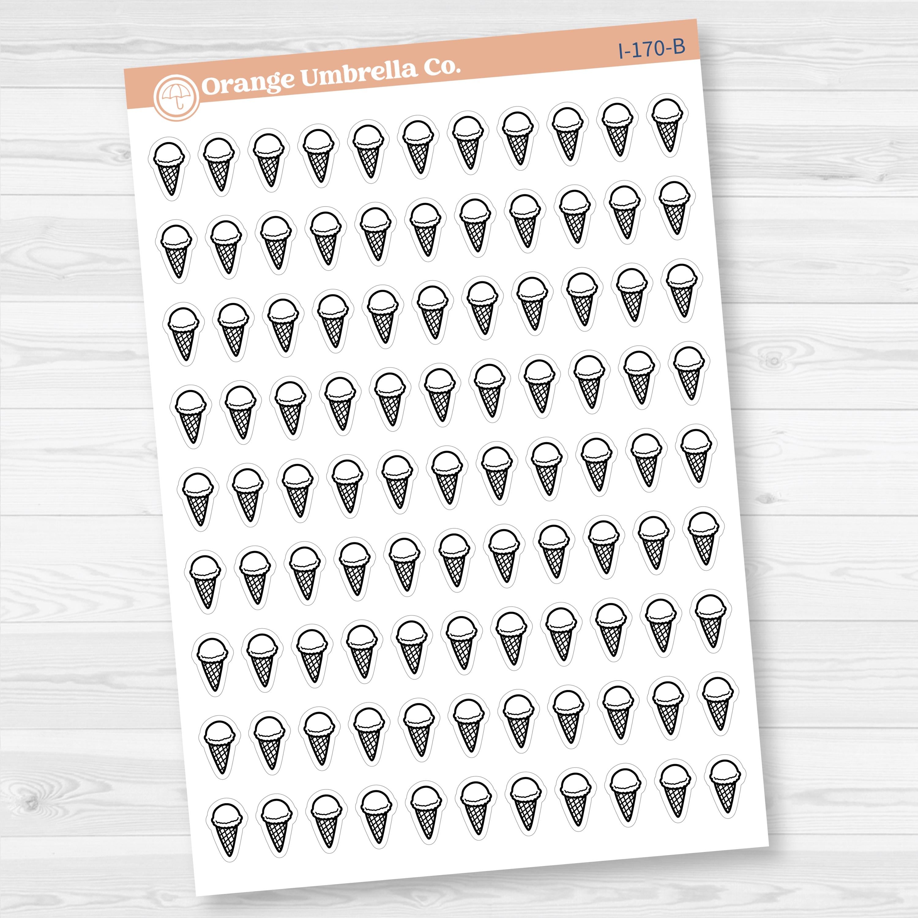 Removable white matte ice cream cone planner sticker sheet with 99 small icons for summer, birthdays, and sweet treats.
