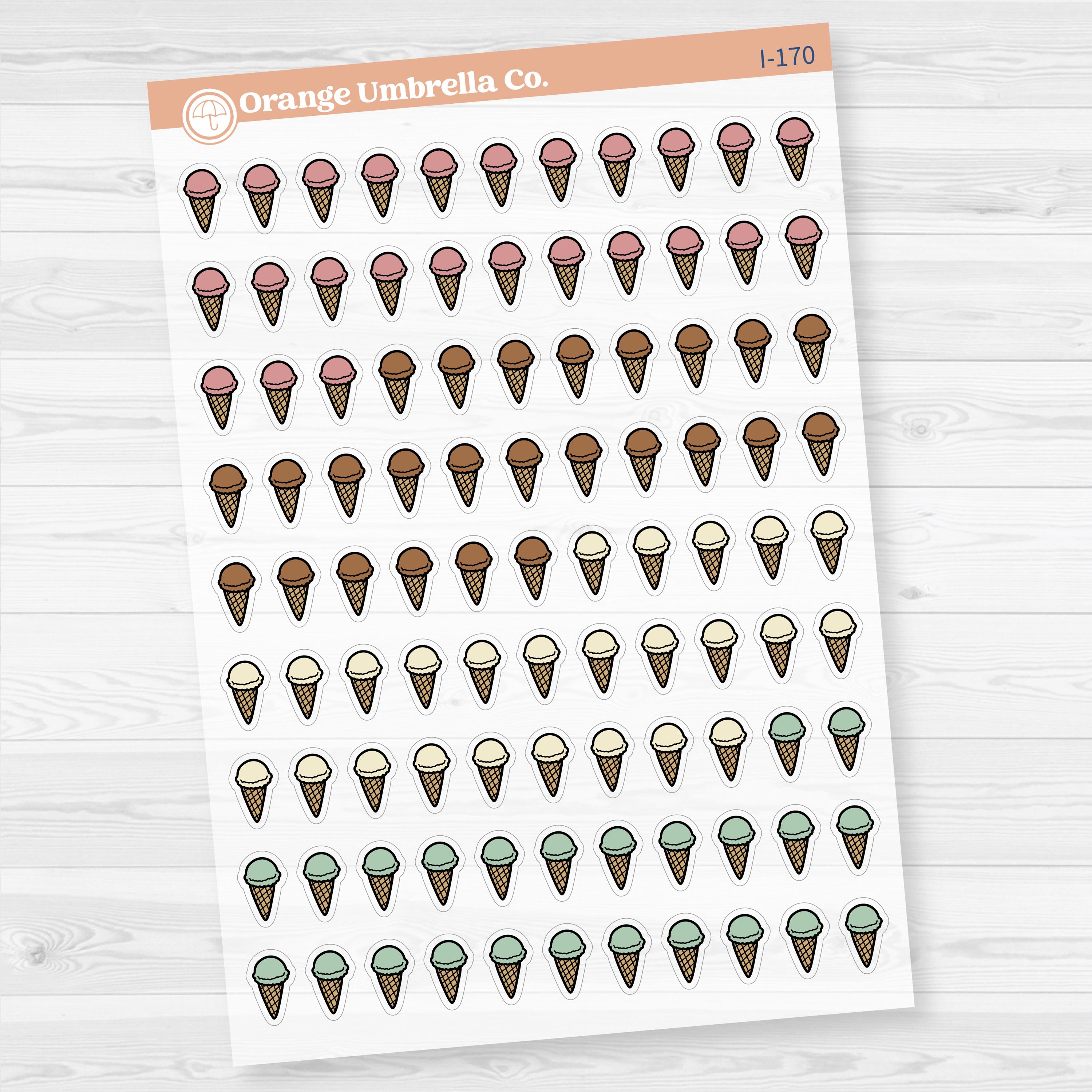 Clear matte ice cream cone planner sticker sheet with 99 small icons for summer, birthdays, and sweet treat spreads.